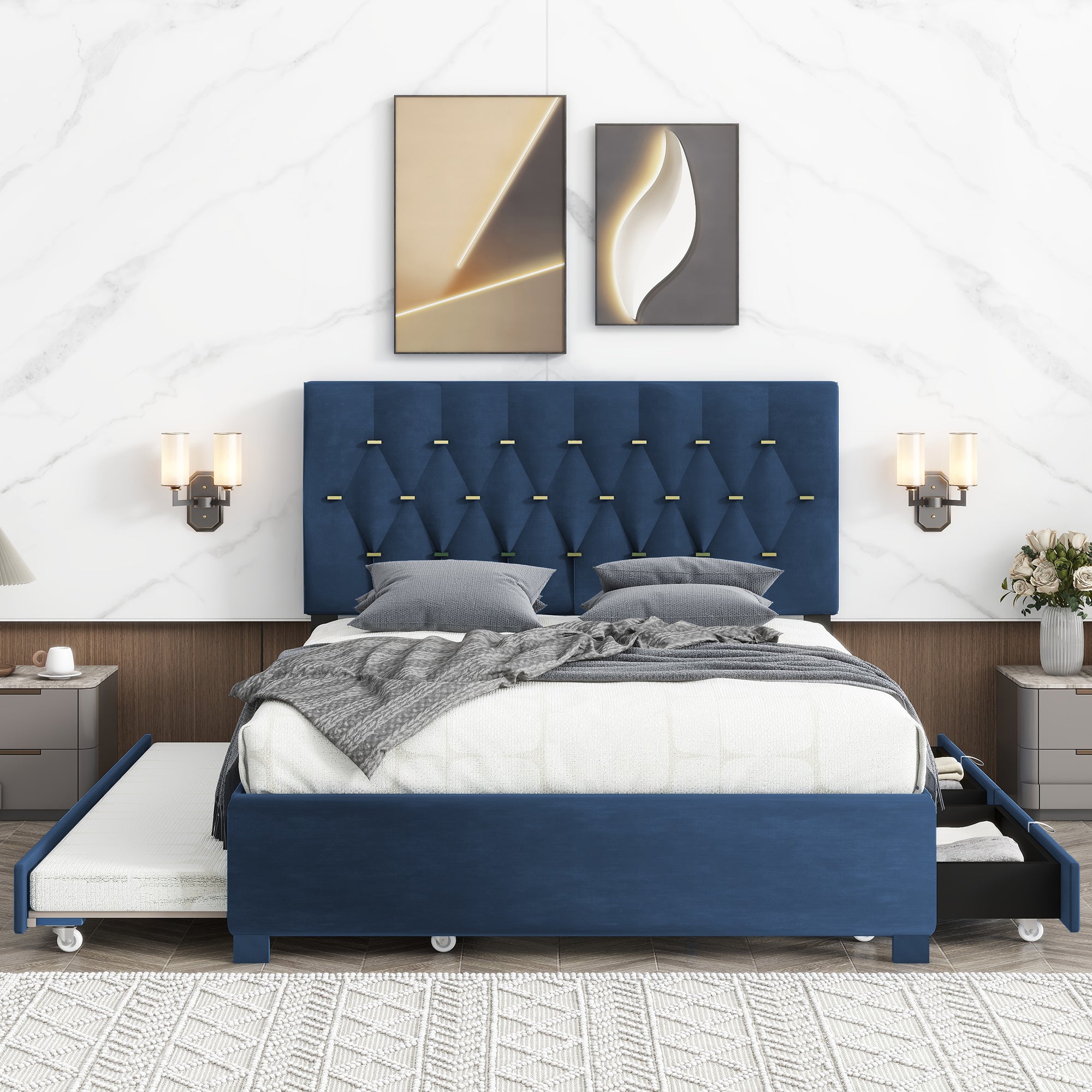 BLUE QUEEN SIZE TRUNDLE PULL OUT DRAWERS STORAGE UPHOLSTERED BED MODERN DESIGN NO BOX SPRING REQUIRED