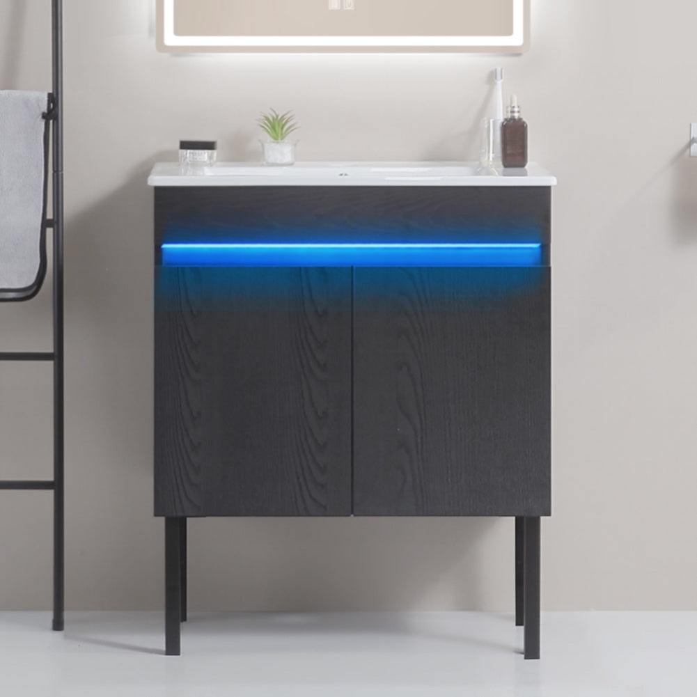 30" Bathroom Vanity with Sink, Radar Sensing Light, Large Storage Space and Metal legs, Wall Mounted/Standing Bathroom Vanity Sink,Black
