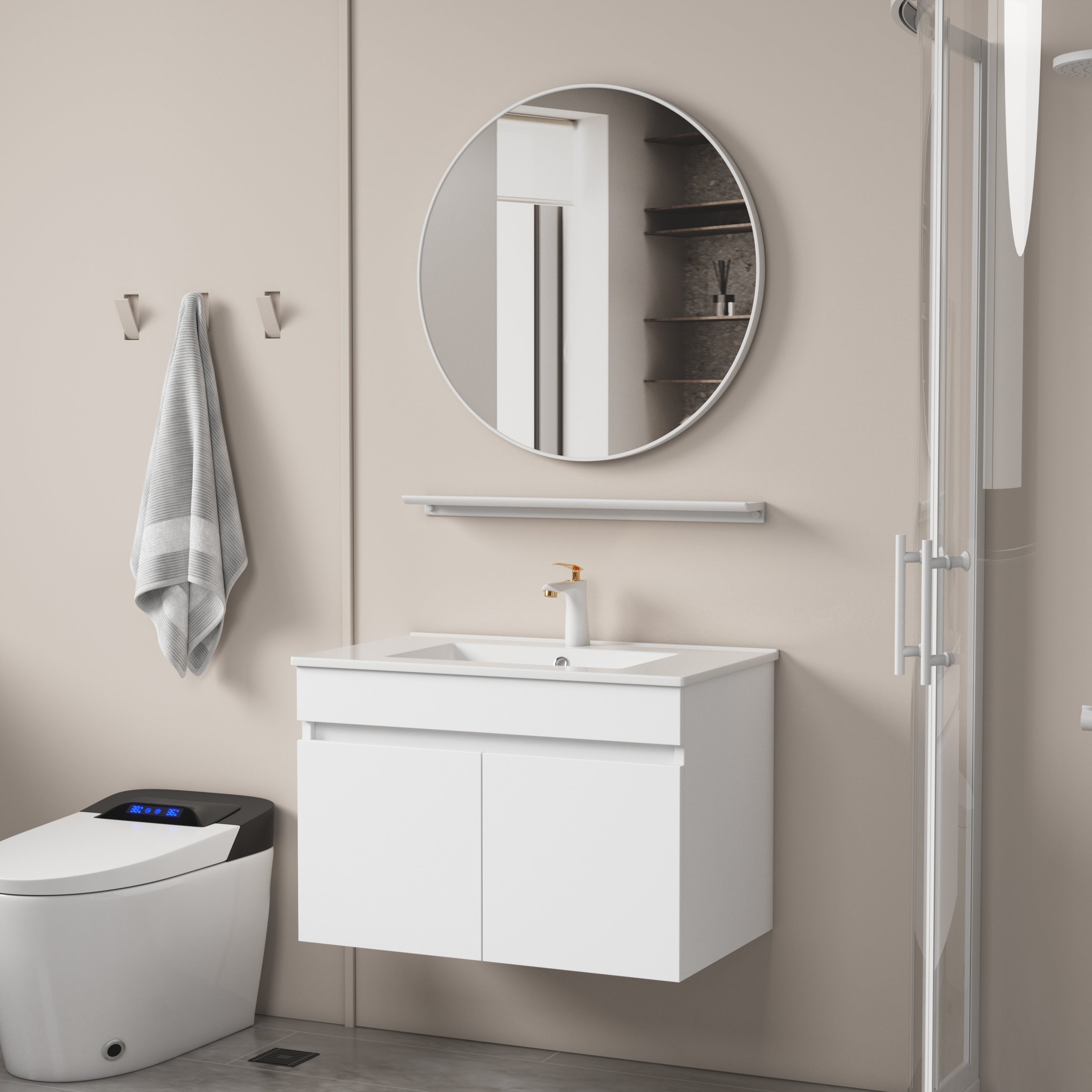 30 Inch Wall Mounted Bathroom Vanity with White Ceramic Basin,Two Soft Close Cabinet Doors, Solid Wood,Excluding faucets,White