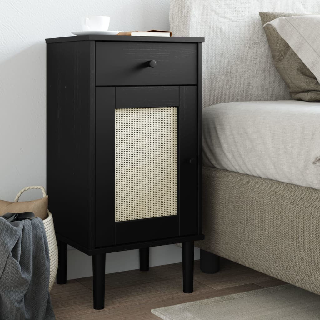 Bedside Cabinet SENJA Rattan Look Black 15.7"x13.8"x31.5" Solid Wood Pine