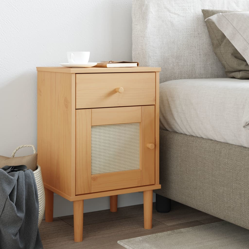 Bedside Cabinet SENJA Rattan Look Brown 15.7"x13.8"x25.6" Solid Wood Pine