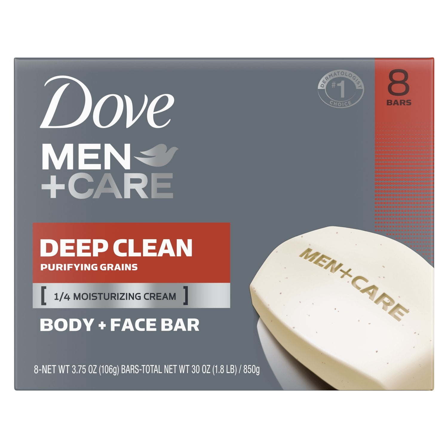 Dove Men+Care Body + Face Bar Purifying Grains, Deep Clean, 3.75 oz (8 Bars)
