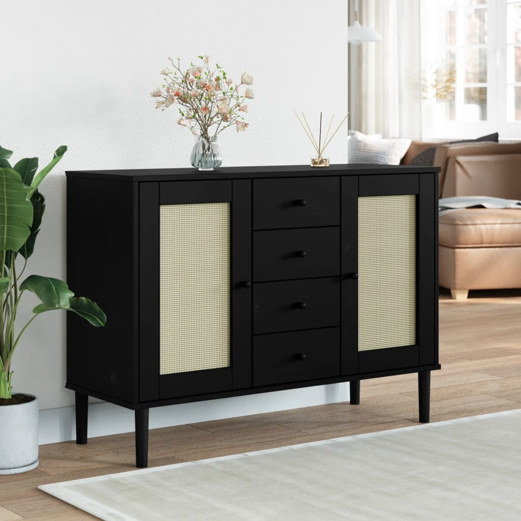 Sideboard SENJA Rattan Look Black 44.1"x15.7"x31.5" Solid Wood Pine