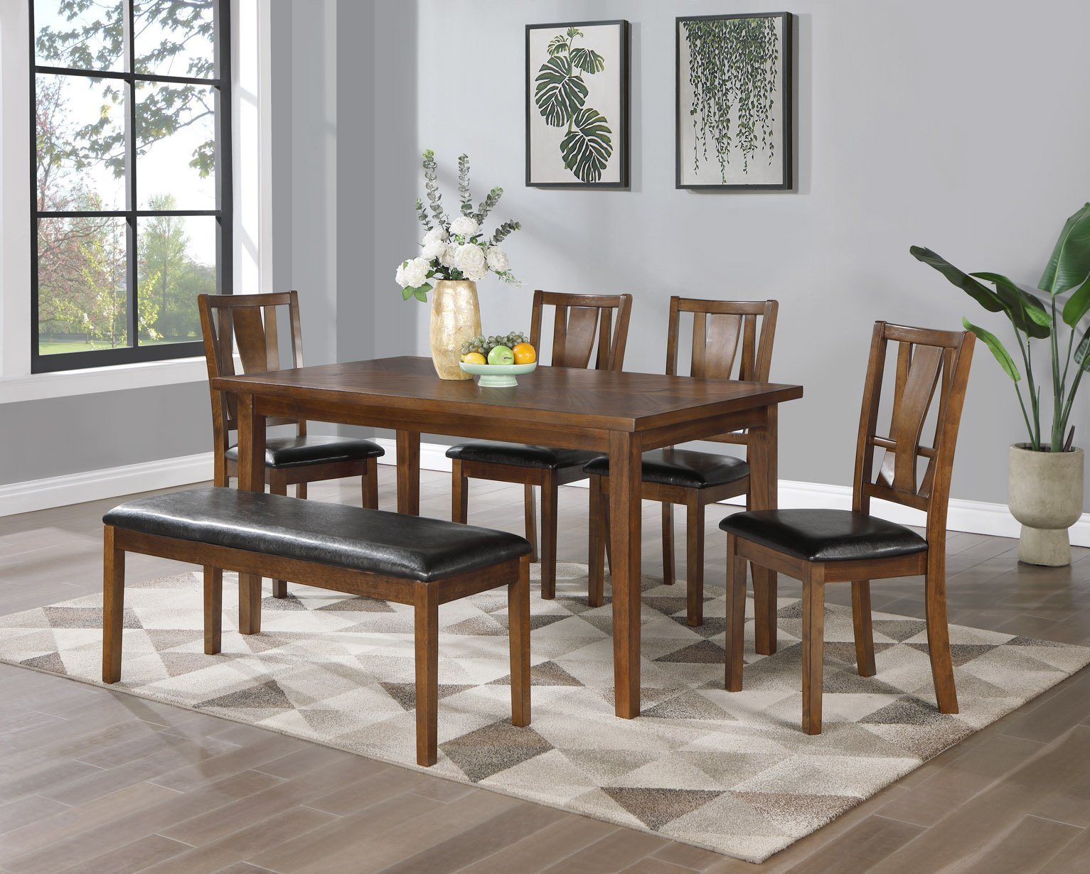 6-Piece Dining Set with Bench, Brown Cherry