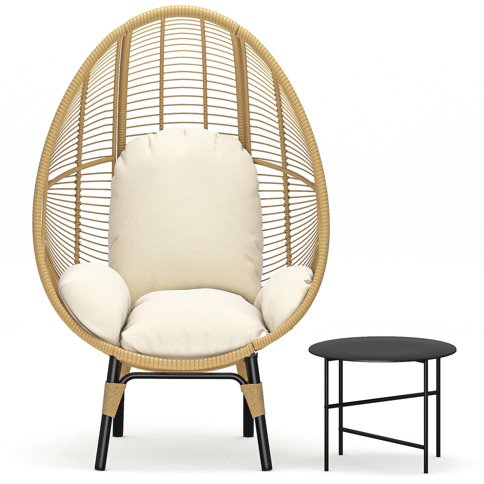 Patio PE Wicker Egg Chair Model 2 with Natural Color Rattan Beige Cushion and Side Table
