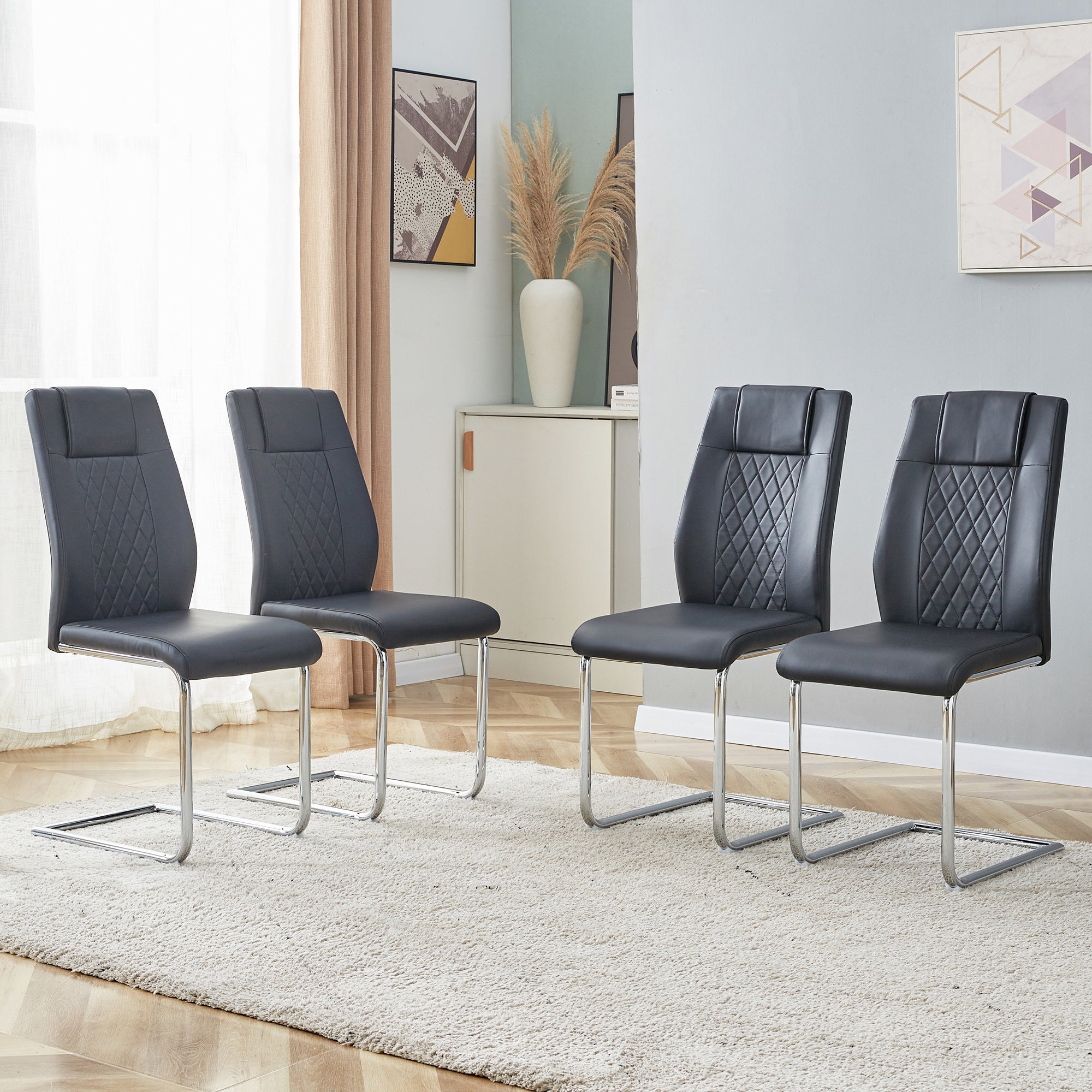 Modern Dining Chairs with Faux Leather Padded Seat Dining Living Room Chairs Upholstered Chair with Metal Legs Design for Kitchen, Living, Bedroom, Dining Room Side Chairs Set of 4 (Black+PU Leather)