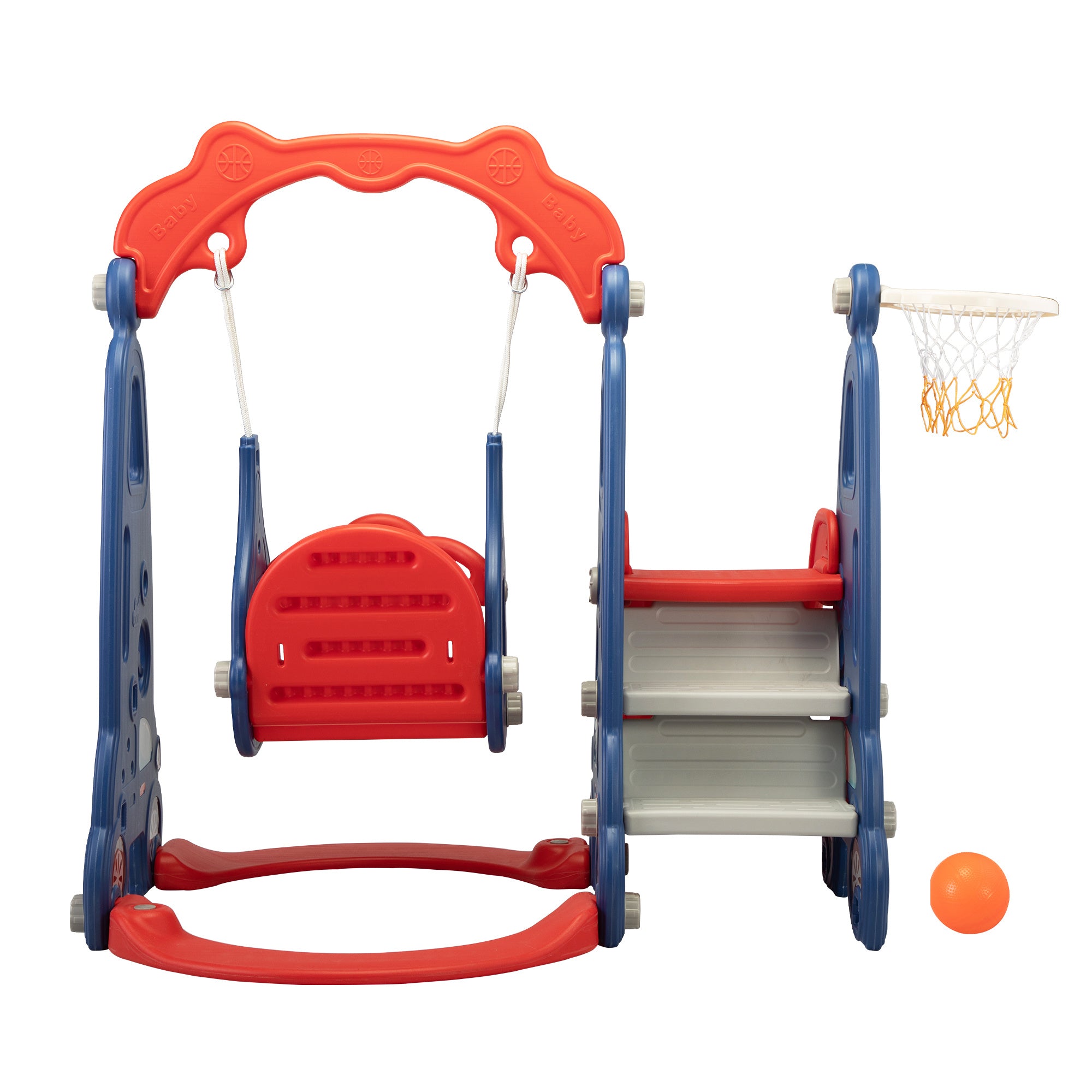 3 In 1 Slide and Swing Set with Basketball Hoop for 1-8 Years Old Children Indoor and Outdoor, Red & Blue