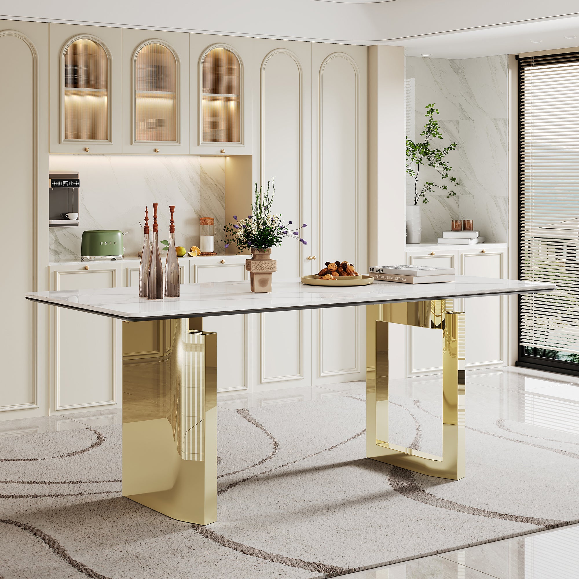 0.47" Thick Sintered Stone Composite Tempered Glass Top Rectangular Dining Table with Stainless Steel Base