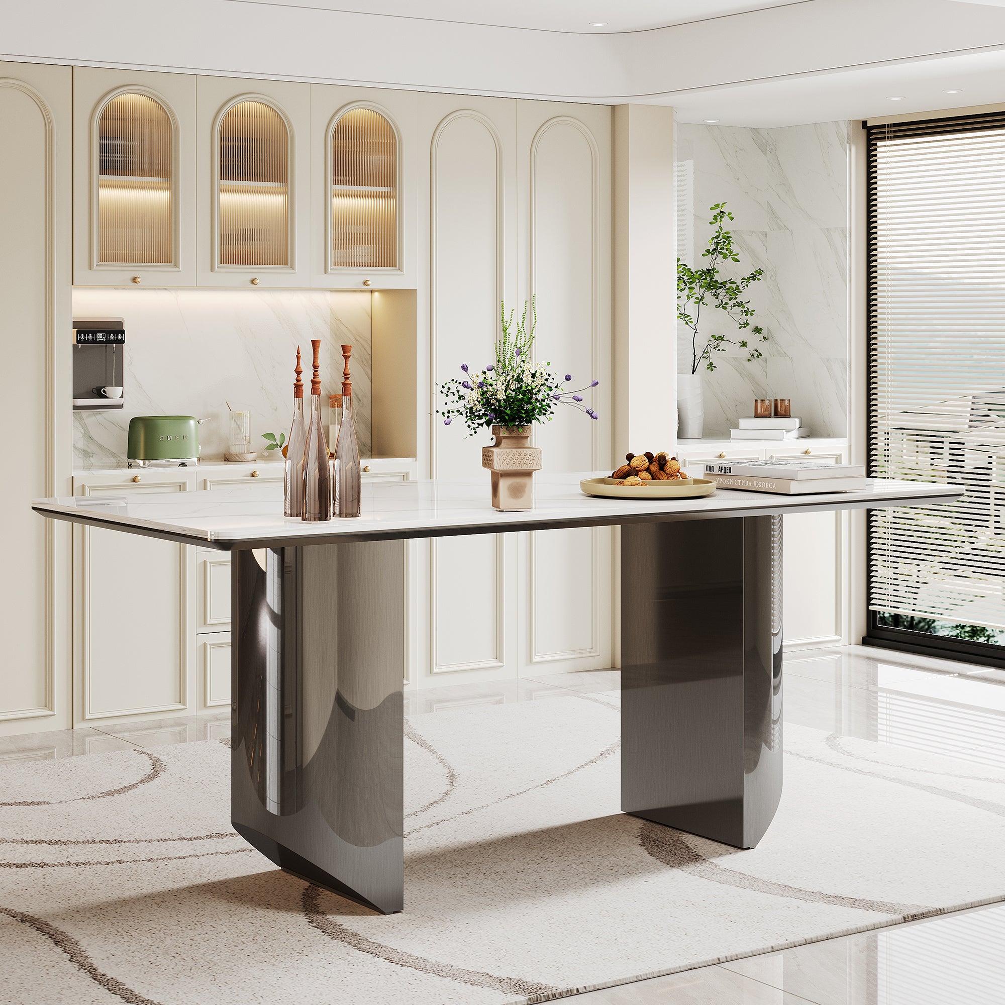 0.47" Thick Sintered Stone Composite Tempered Glass Top Dining Table with Stainless Steel Base