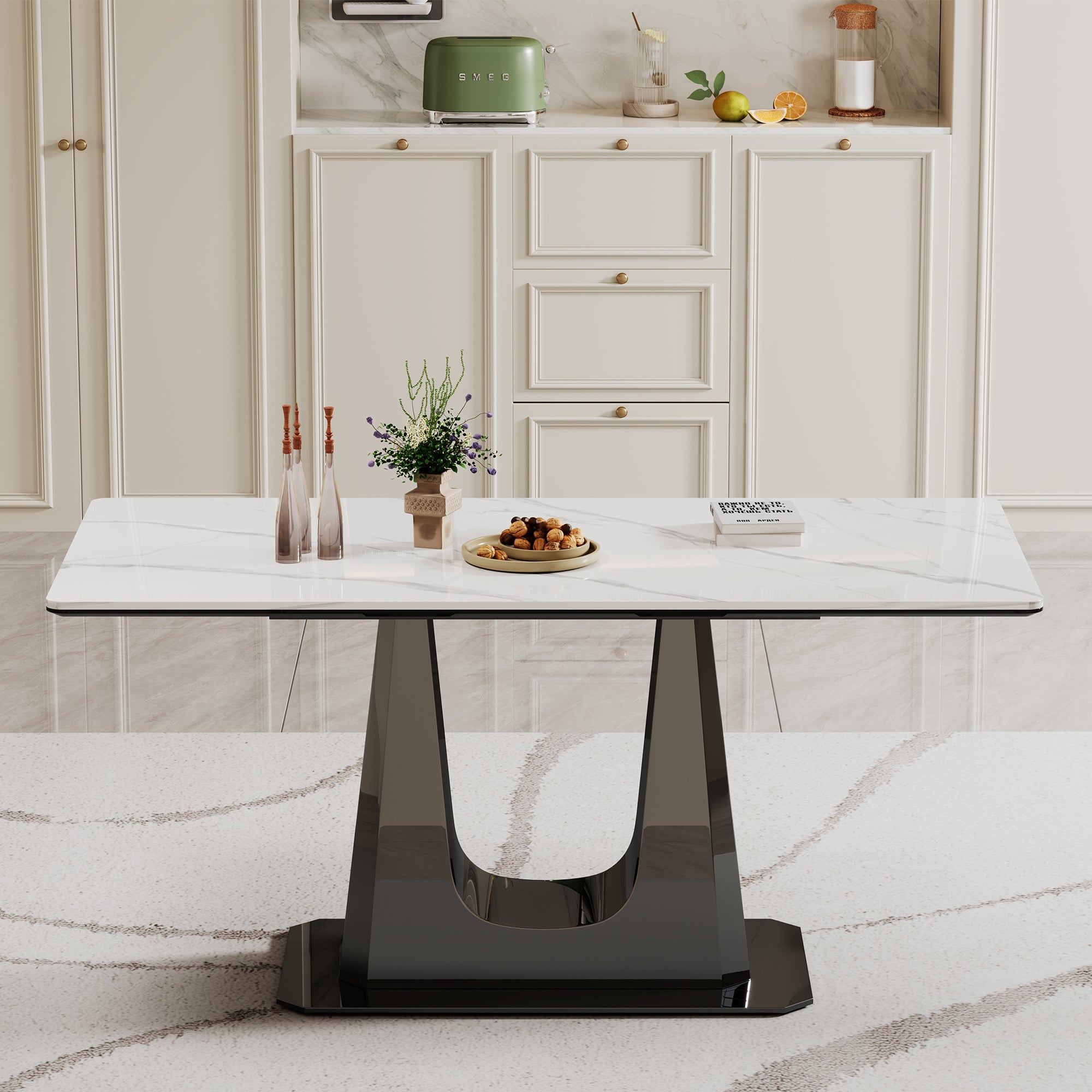 0.47" Thick Sintered Stone Composite Tempered Glass Top Rectangular Dining Table with Black Stainless Steel Base