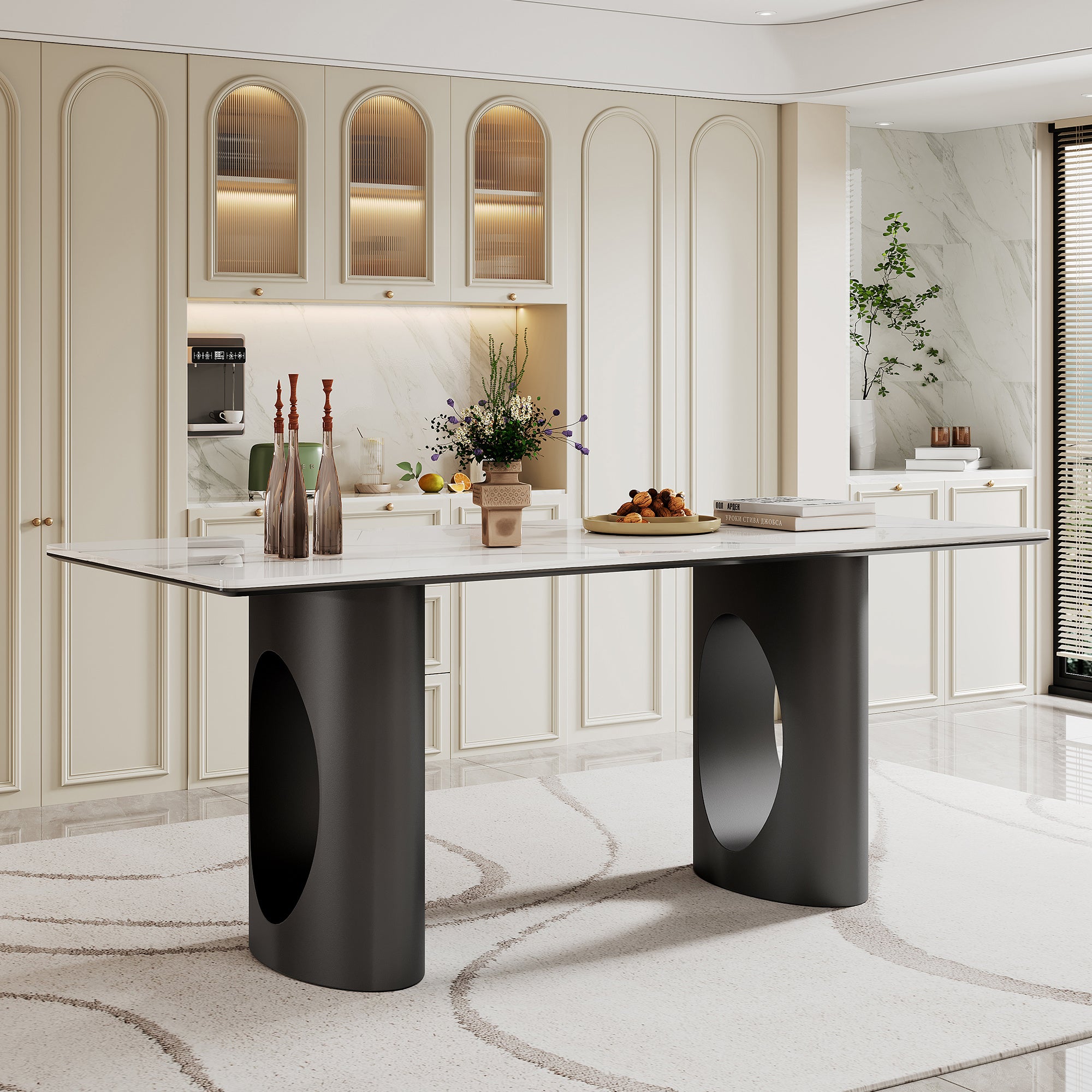 0.47" Thick Sintered Stone Composite Tempered Glass Top Rectangular Dining Table with Carbon Steel Base