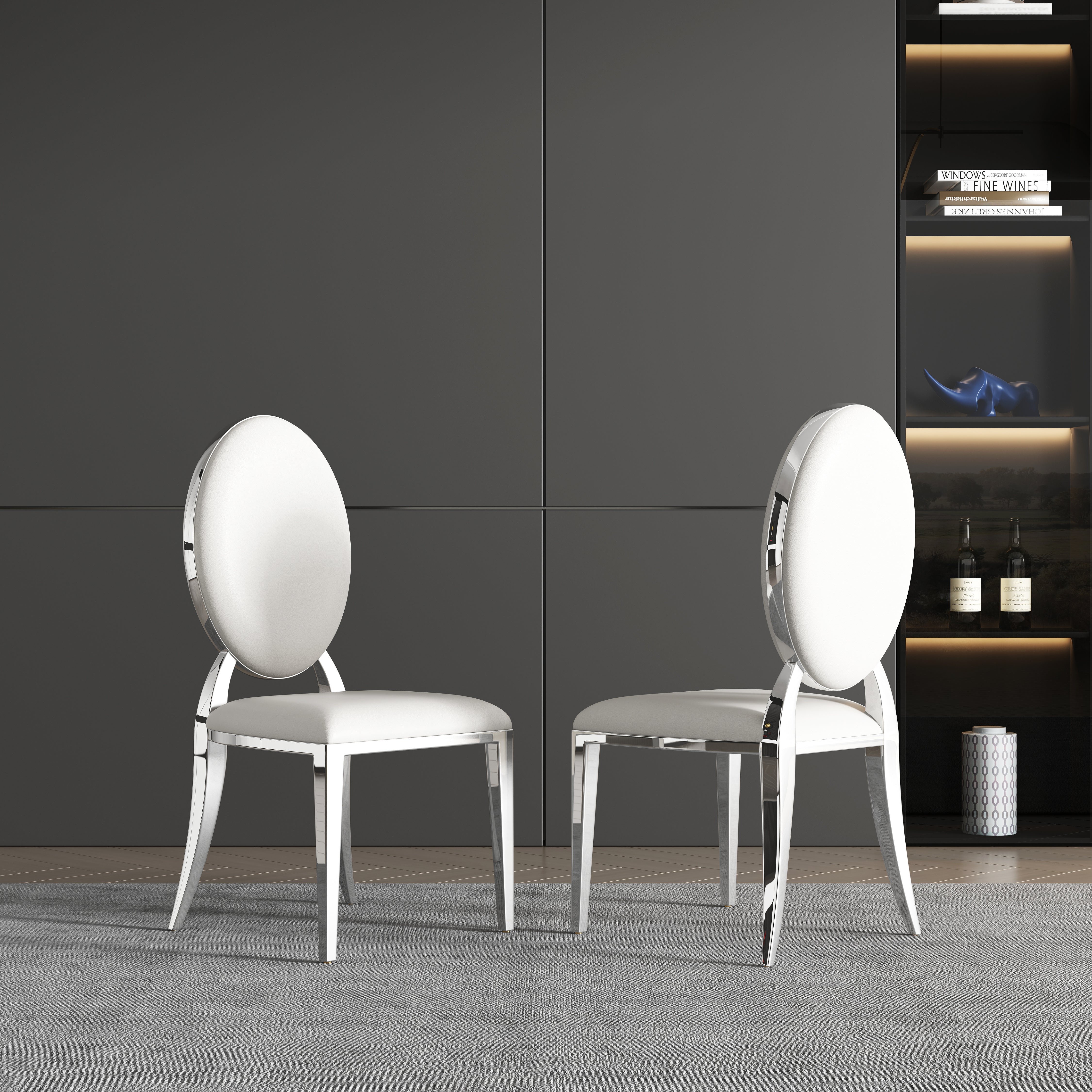 Leatherette Dining Chair Set of 2, Oval Backrest Design and Stainless Steel Legs