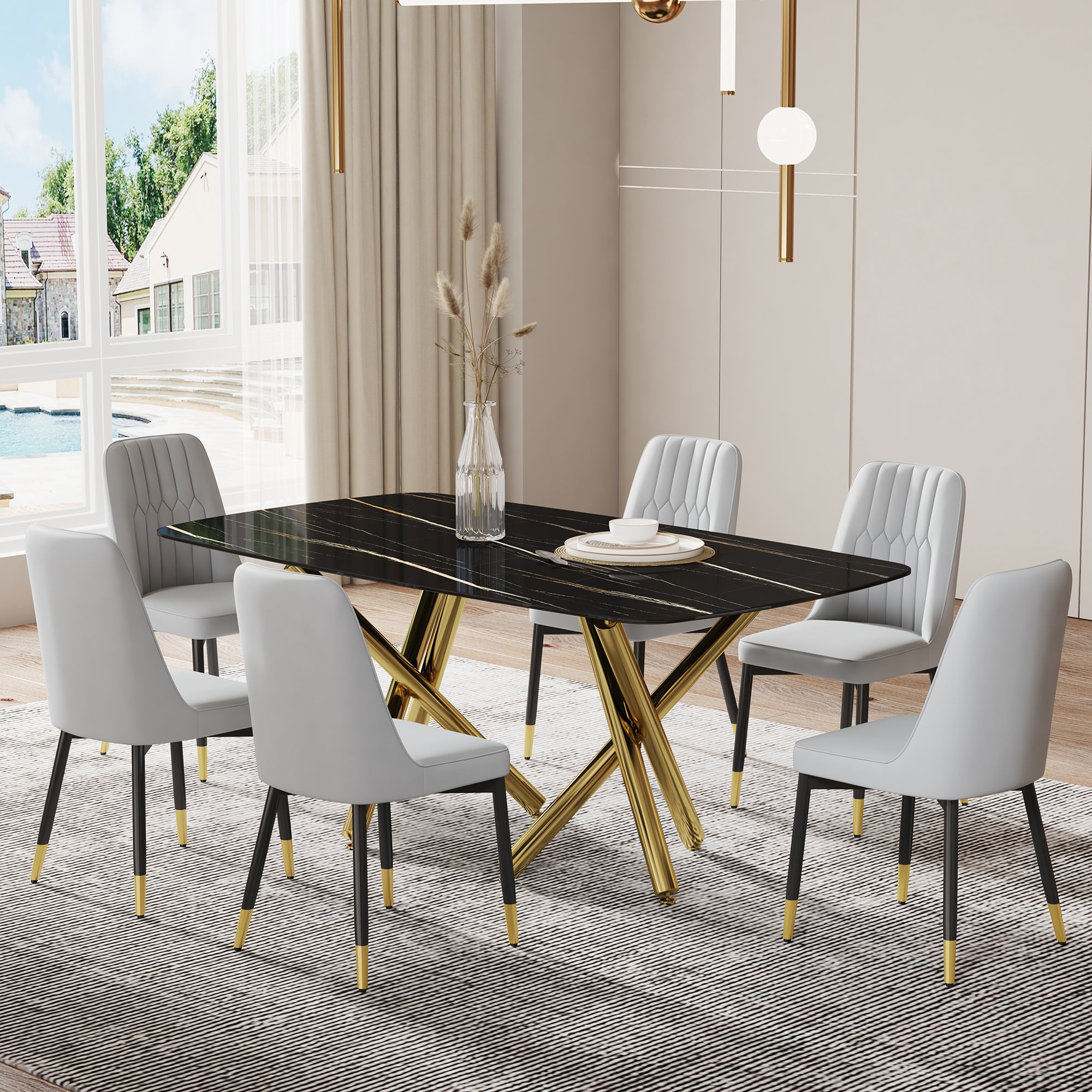 Large modern minimalist rectangular dining table with 0.39 "imitation marble black desktop and gold metal legs, paired with 6 chairs with PU cushions and black metal legs.F-1538 C-007
