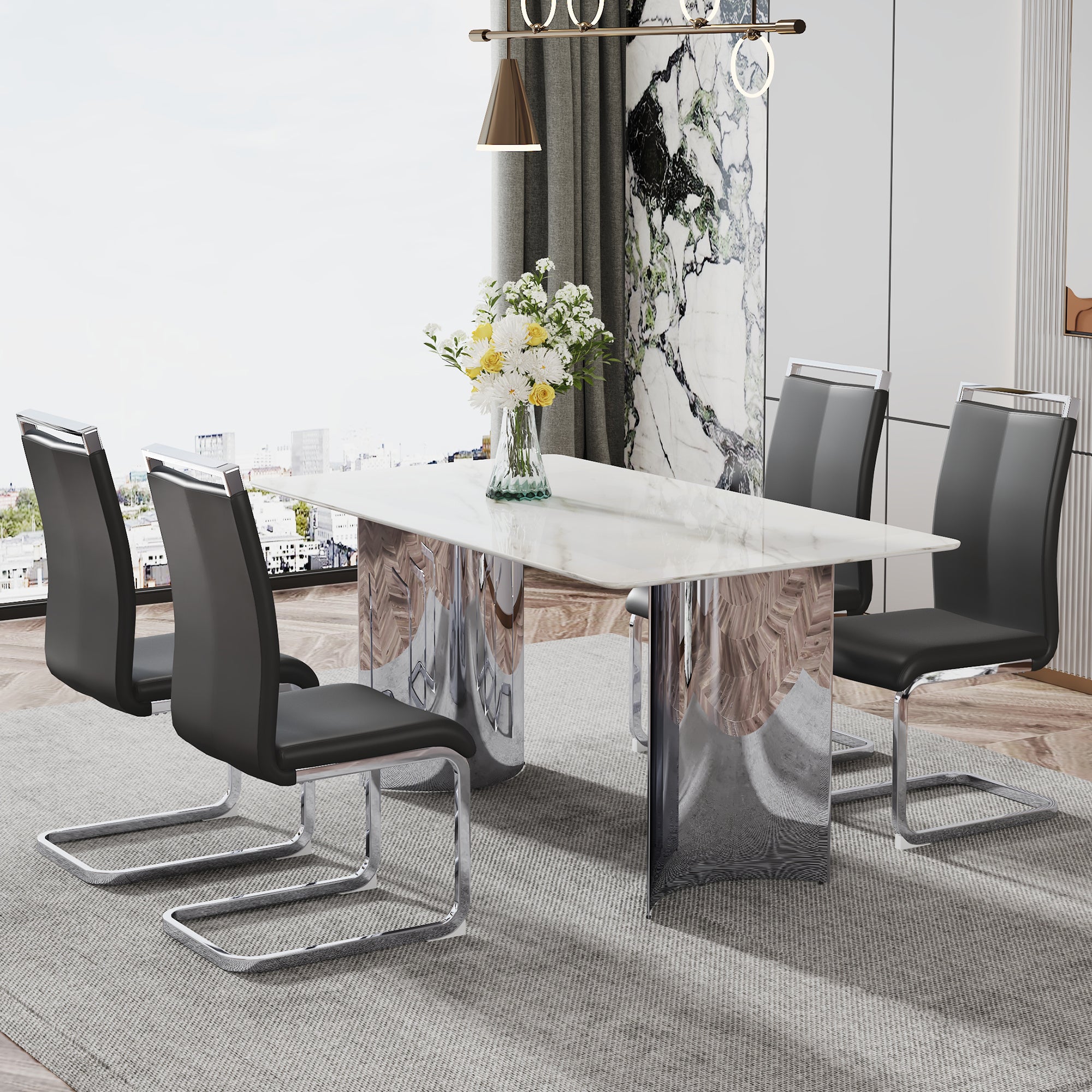 Modern minimalist dining table. Imitation marble glass sticker desktop, stainless steel legs, stable and beautiful. 4 black PU seats. 63 "* 35.4" * 29.5 "DT-69 C-1162