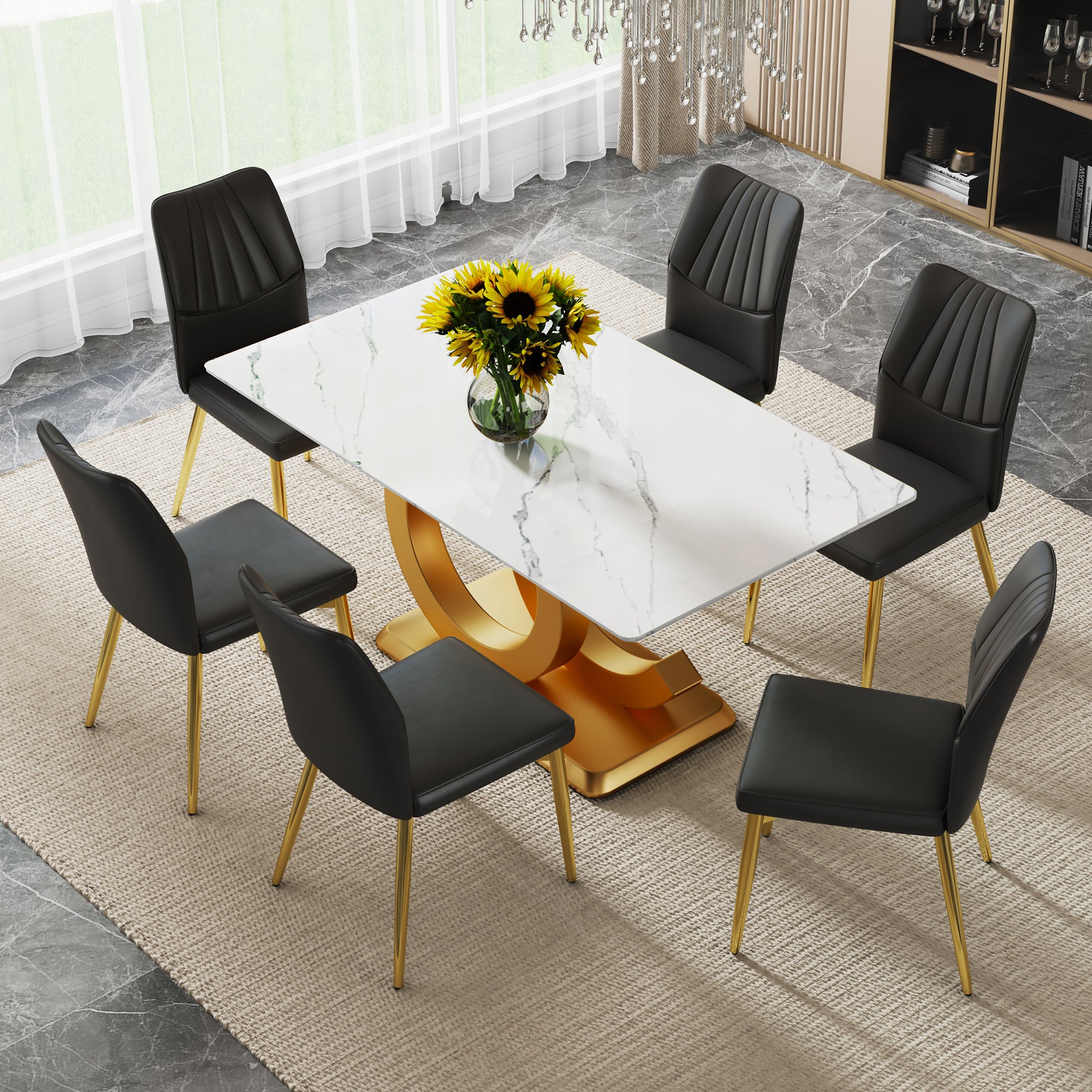 A modern minimalist rectangular dining table suitable for 6-8 people, a set of 6-piece PU leather backrest and gold metal legs modern dining chairs. F-OC C-009
