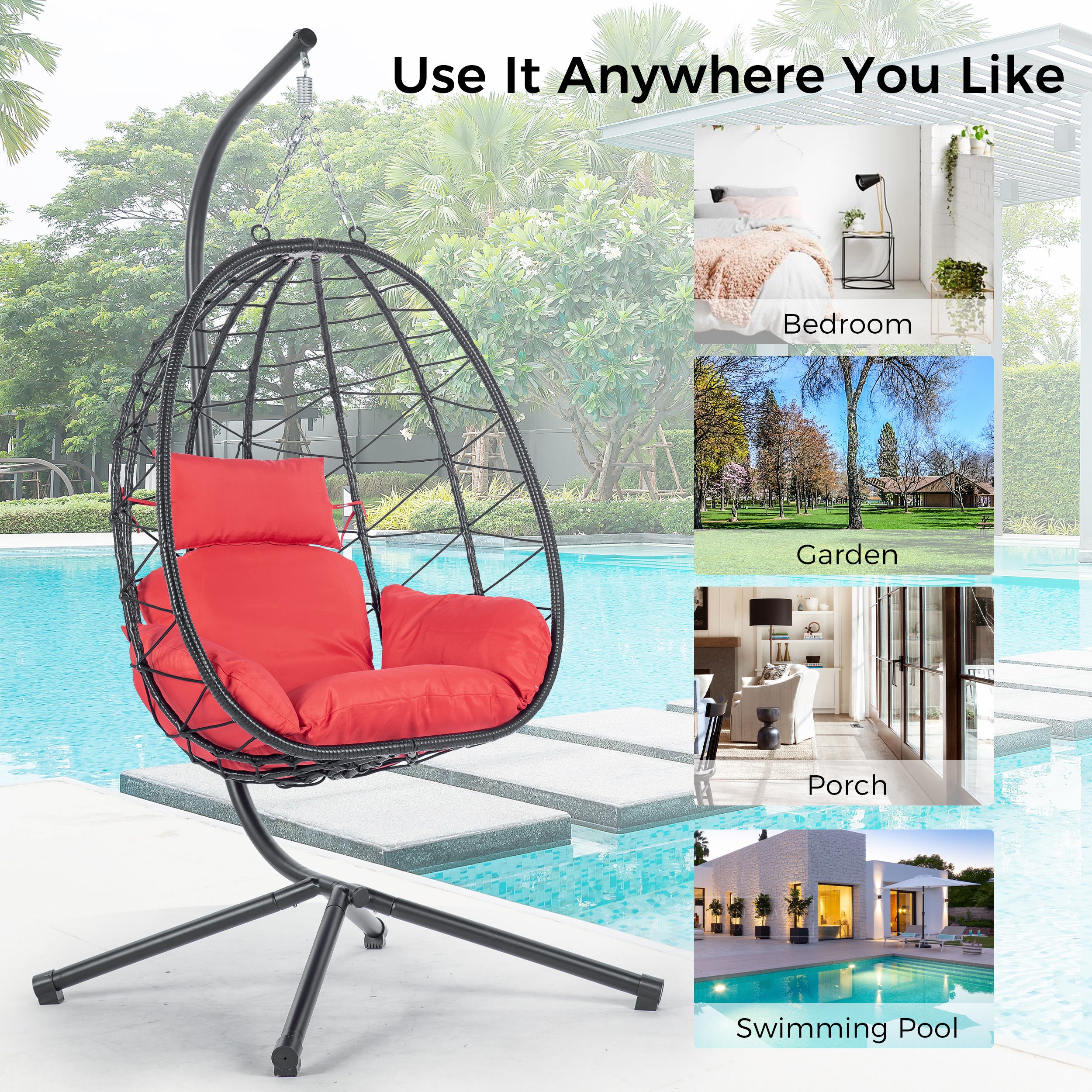 Outdoor Swing Chair Patio Wicker Hanging Egg Chair Hanging Basket Chair Hammock Chair with Stand for Bedroom Living Room Balcony