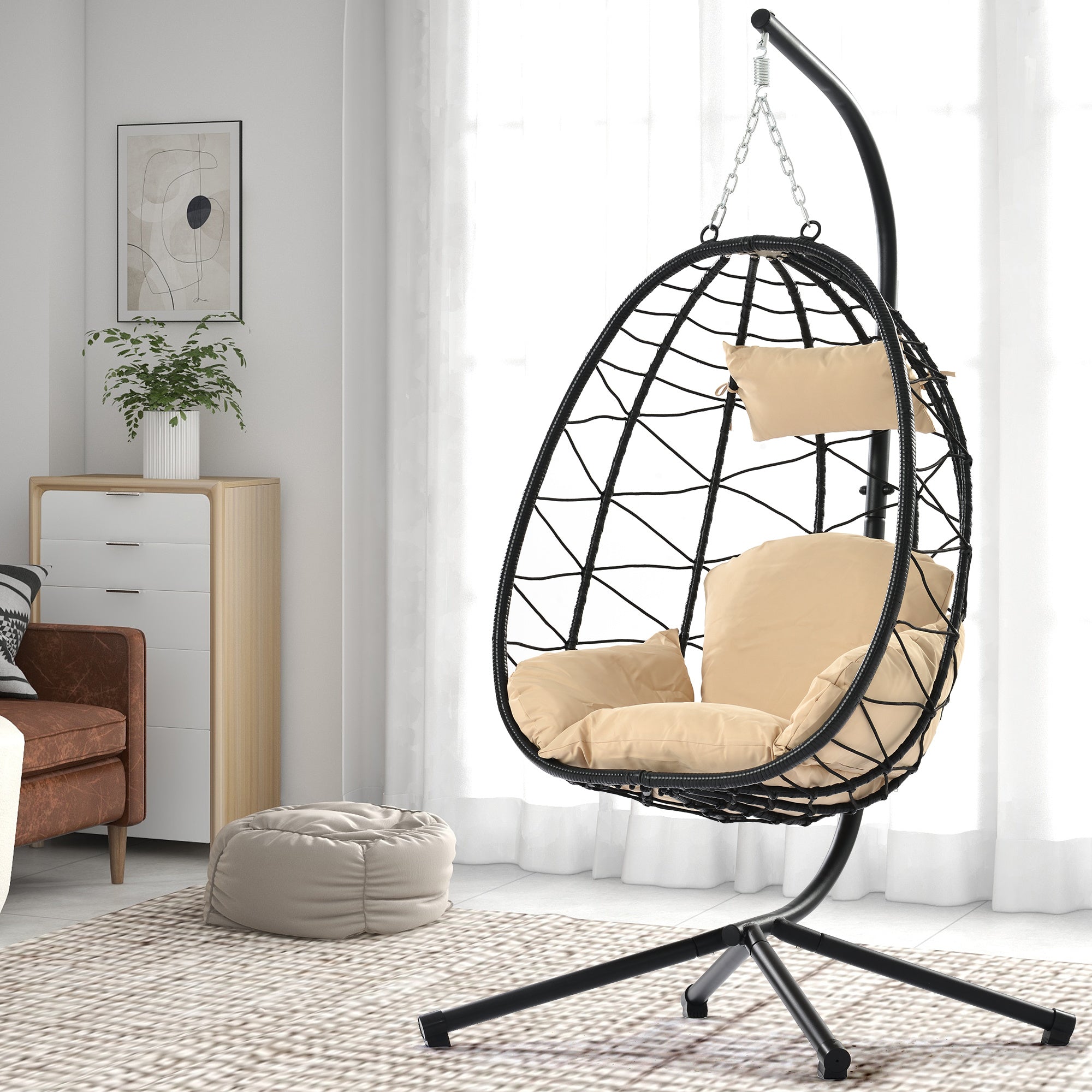 Outdoor Swing Chair Patio Wicker Hanging Egg Chair Hanging Basket Chair Hammock Chair with Stand for Bedroom Living Room Balcony