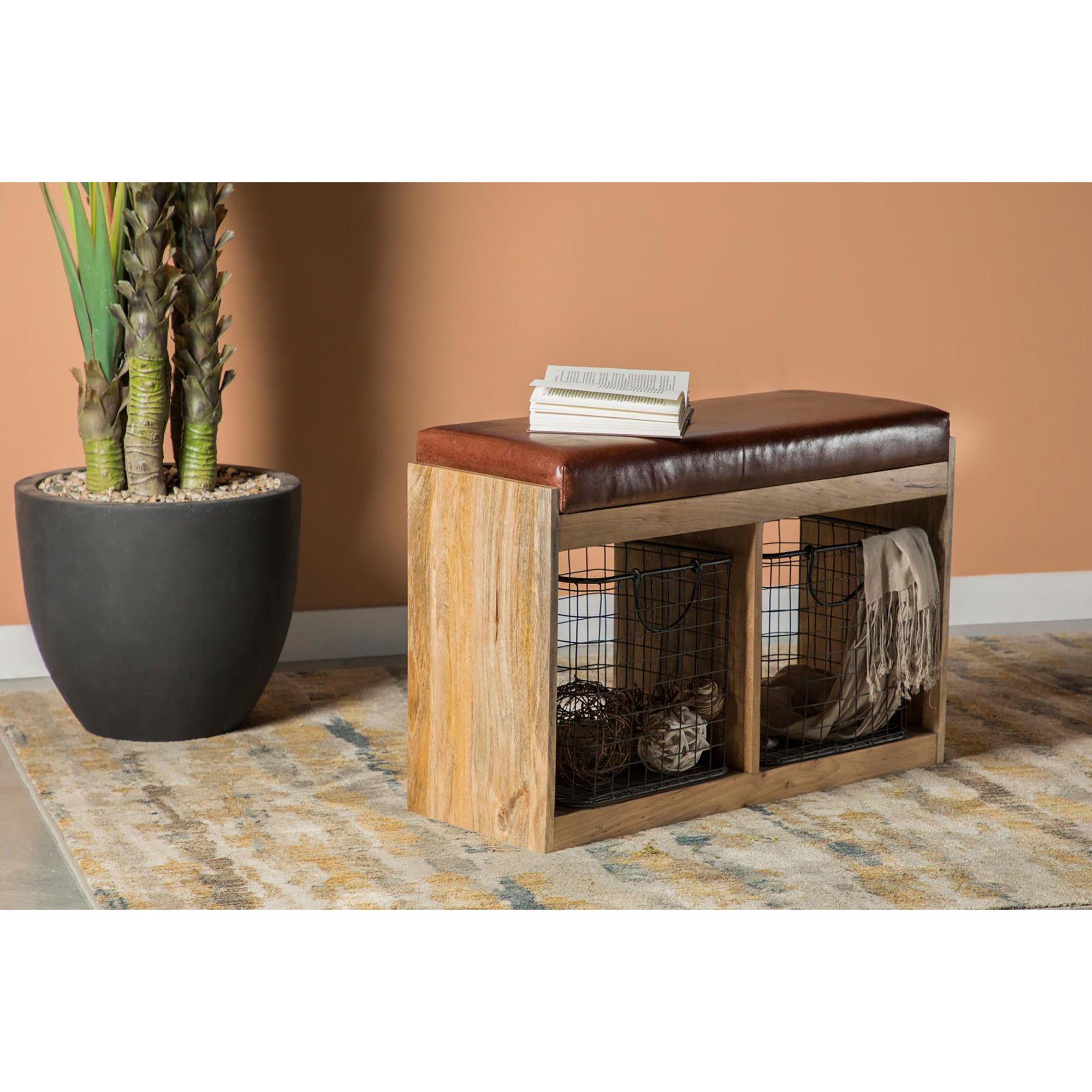 Brown and Natural 2-Basket Accent Bench