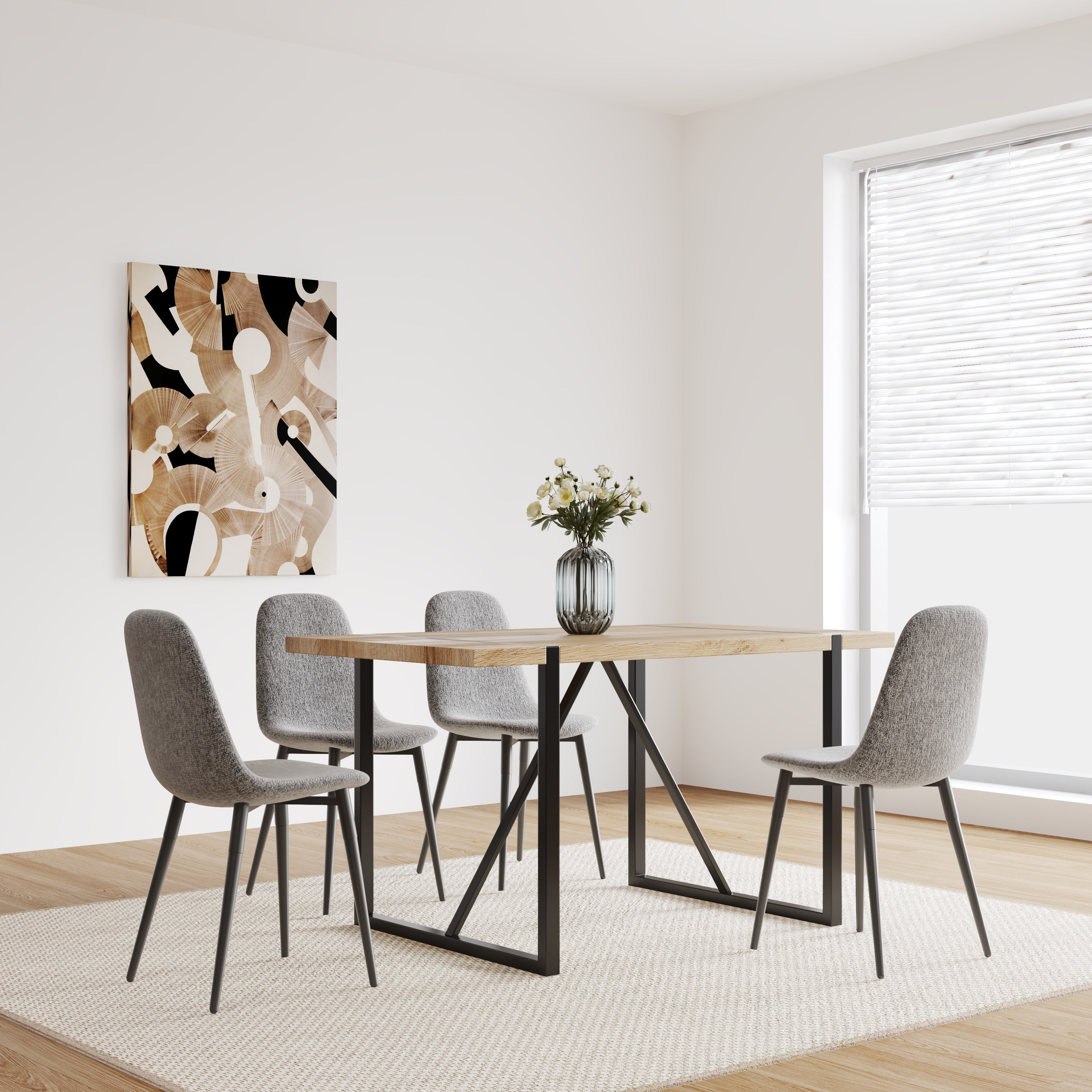 MDF Wood Colour Dining Table and Modern Dining Chairs Set of 4, Mid Century Wooden Kitchen Table Set, Metal Base & Legs, Dining Room Table and Linen Chairs