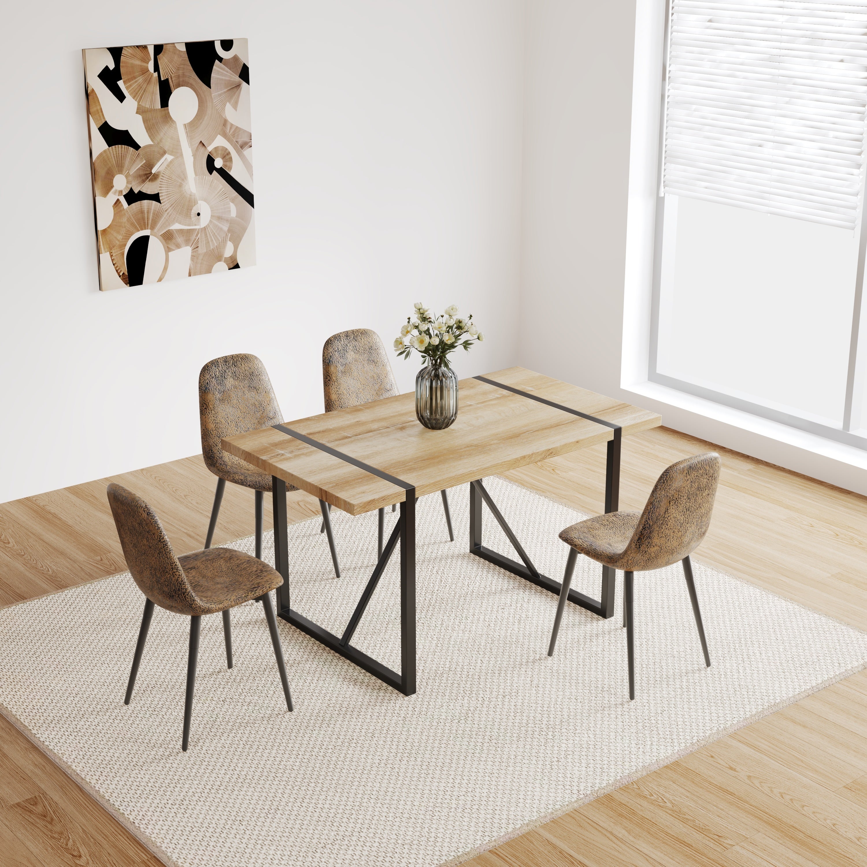 MDF Wood Colour Dining Table Set of 4 and Modern Dining Chairs , Mid Century Wooden Kitchen Table Set, Metal Base & Legs, Dining Room Table and Suede Chairs