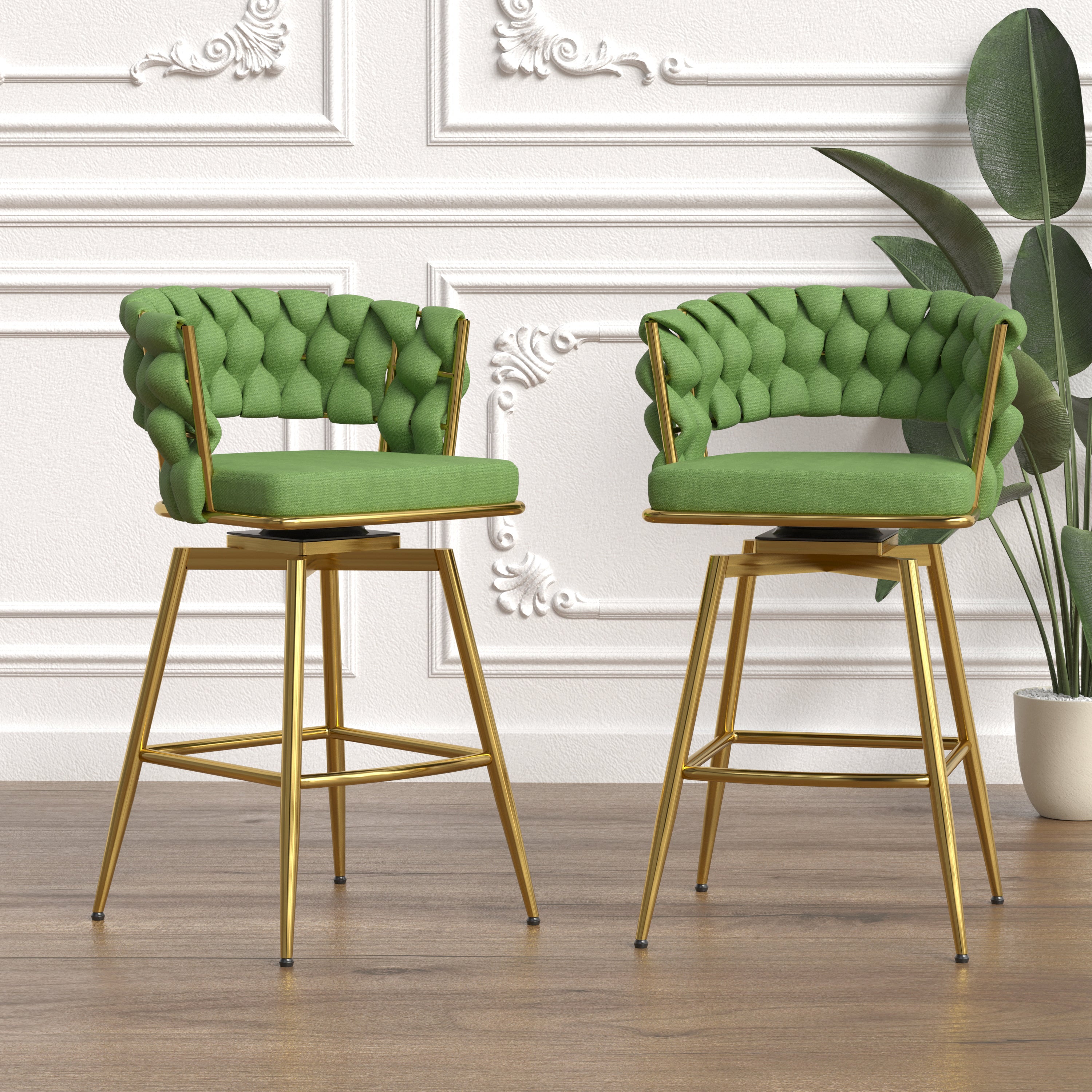 Bar Chair Linen Woven Bar Stool Set of 2,Golden legs Barstools No Adjustable Kitchen Island Chairs,360 Swivel Bar Stools Upholstered Bar Chair Counter Stool Arm Chairs with Back Footrest, (Green)