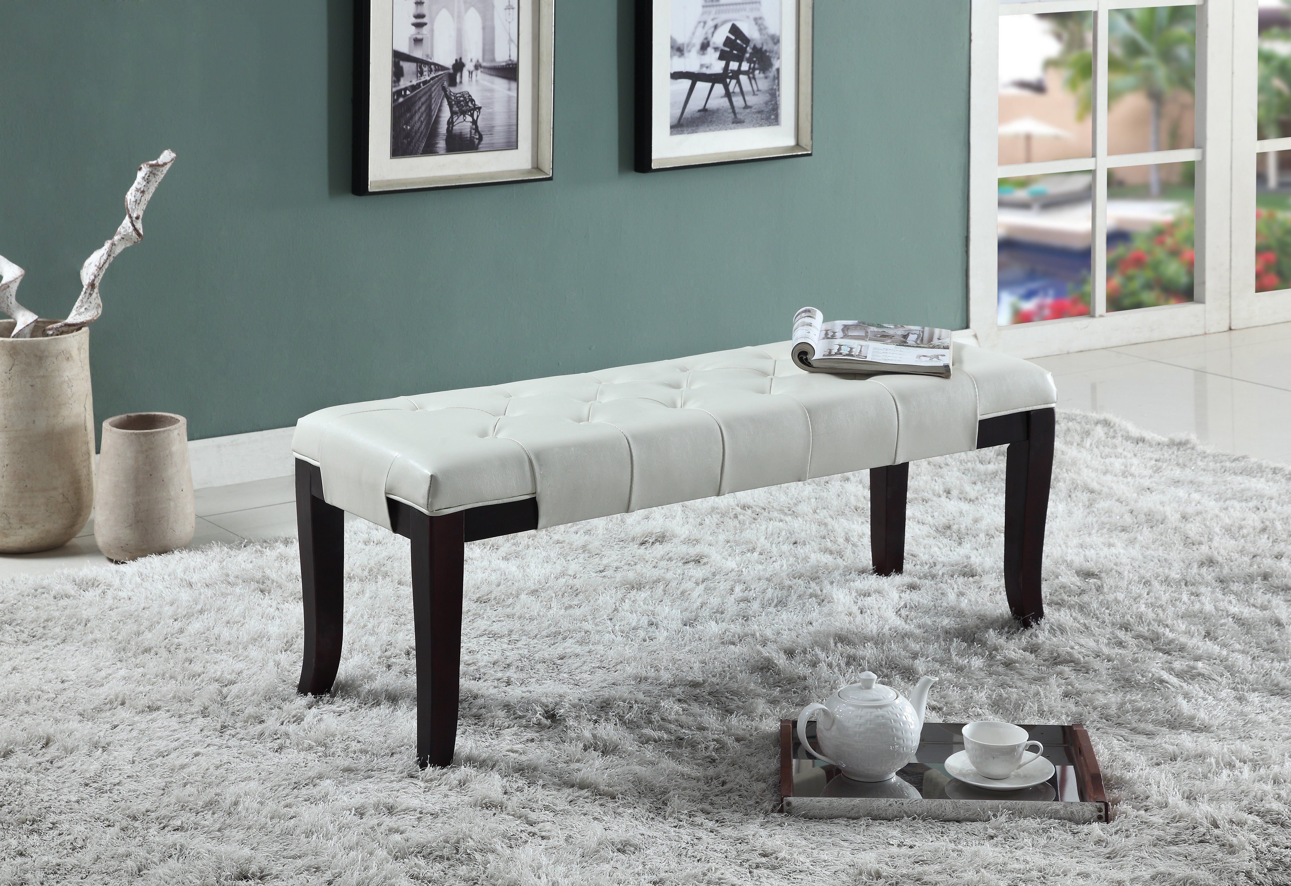Linon Tufted Bench, Faux Leather, White