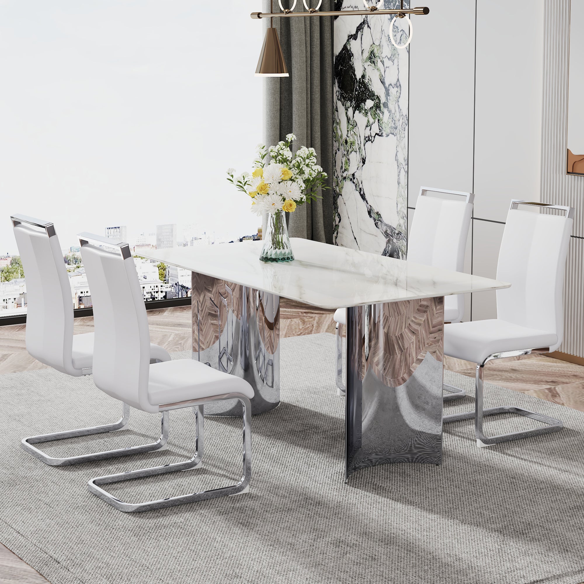 Modern minimalist dining table. Imitation marble glass sticker desktop, stainless steel legs, stable and beautiful. 4 white PU seats. 63 "* 35.4" * 29.5 "DT-69 C-1162