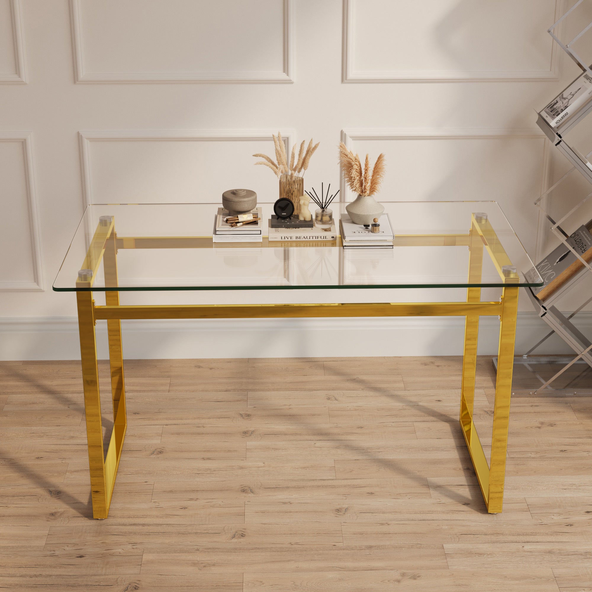 Modern Minimalist Rectangular Glass Dining Table for 4-6 with 0.31" Tempered Glass Tabletop and Golden Chrome Metal Legs, Writing Table Desk, for Kitchen Dining Living Room, 51" W x 27"D x 30" H
