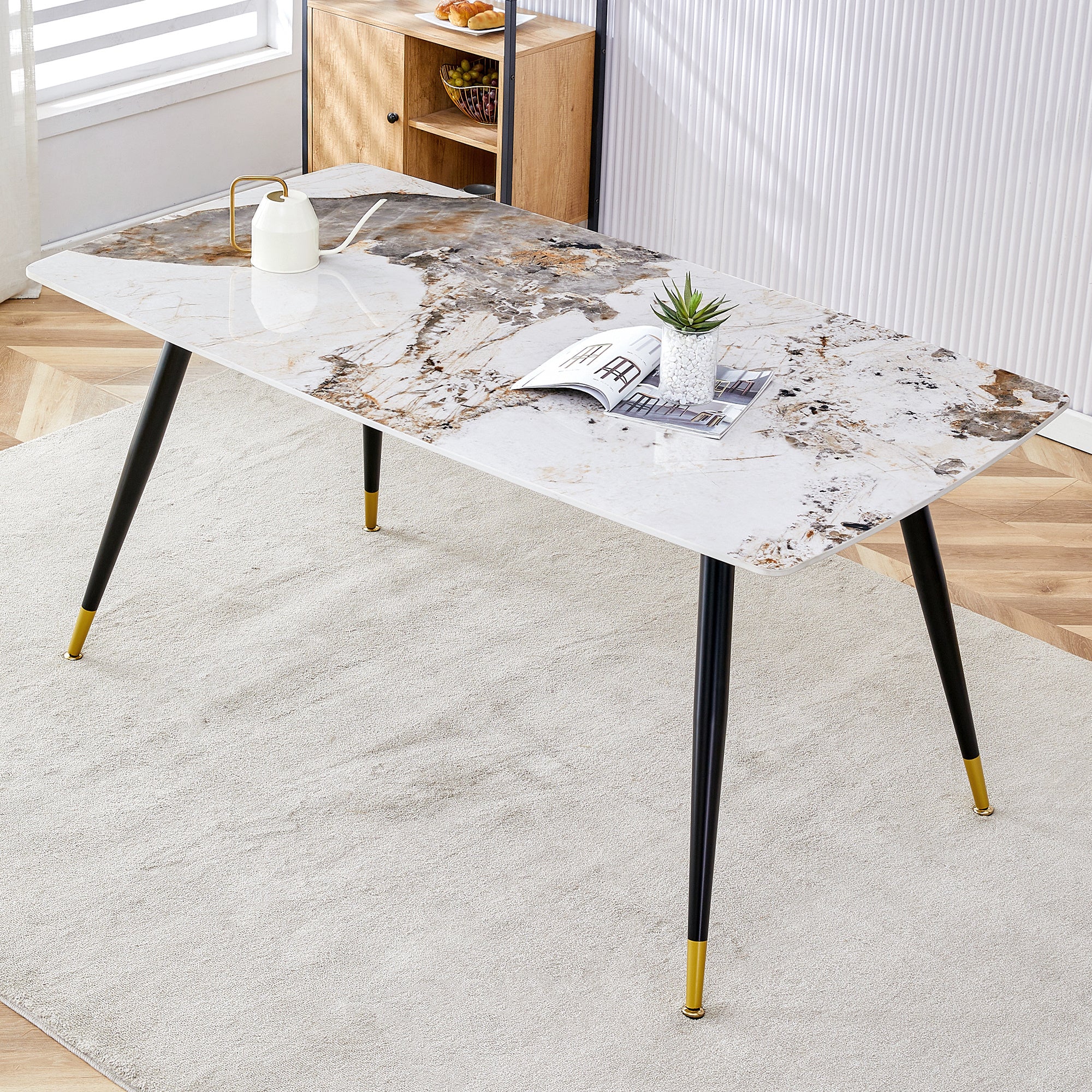 Modern minimalist dining table. Imitation marble patterned stone burning tabletop with black metal legs. 62.2 "* 34.6" * 30 "F-001