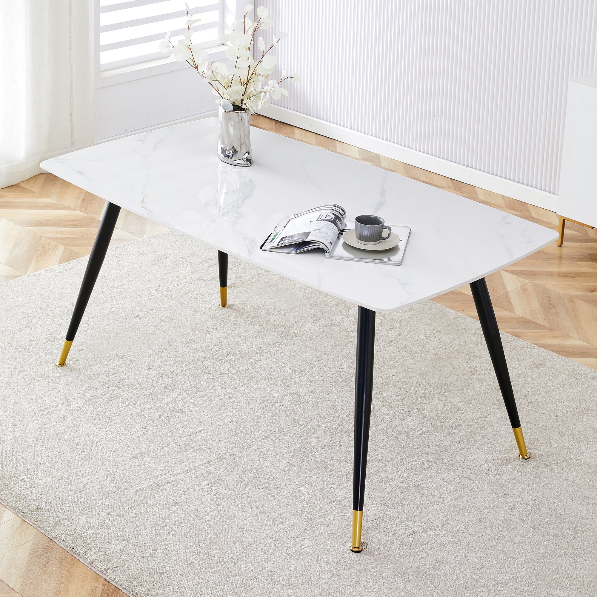 Modern minimalist dining table. White imitation marble pattern SINTERED STONE desktop with black metal legs.62.2"*34.6"*30" F-001