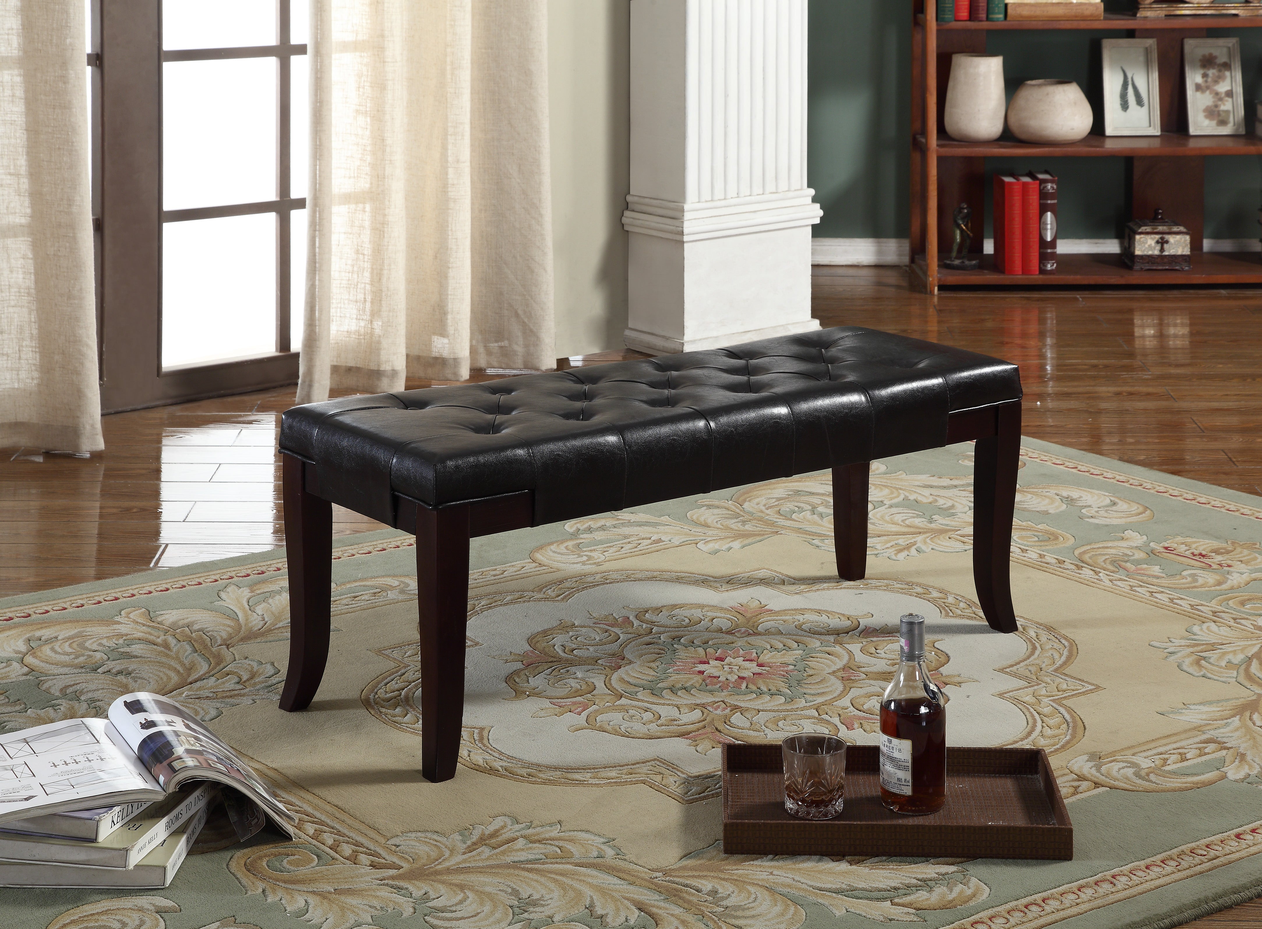 Linon Tufted Bench, Faux Leather, Espresso