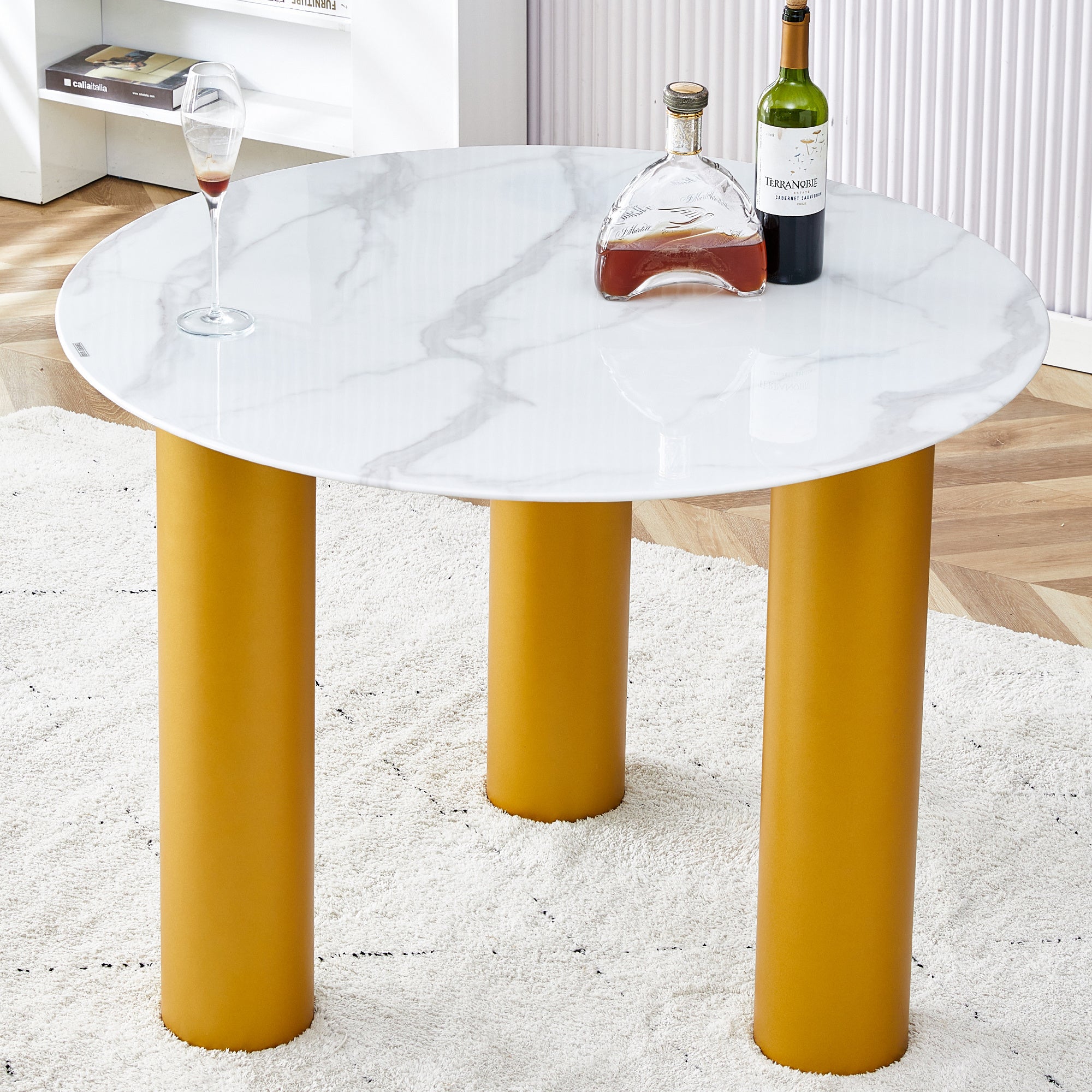 Round white dining table, artificial marble glass stickers, golden MDF legs, kitchen dining table, living room dining table 40 "* 40" * 29.4 "F-X03