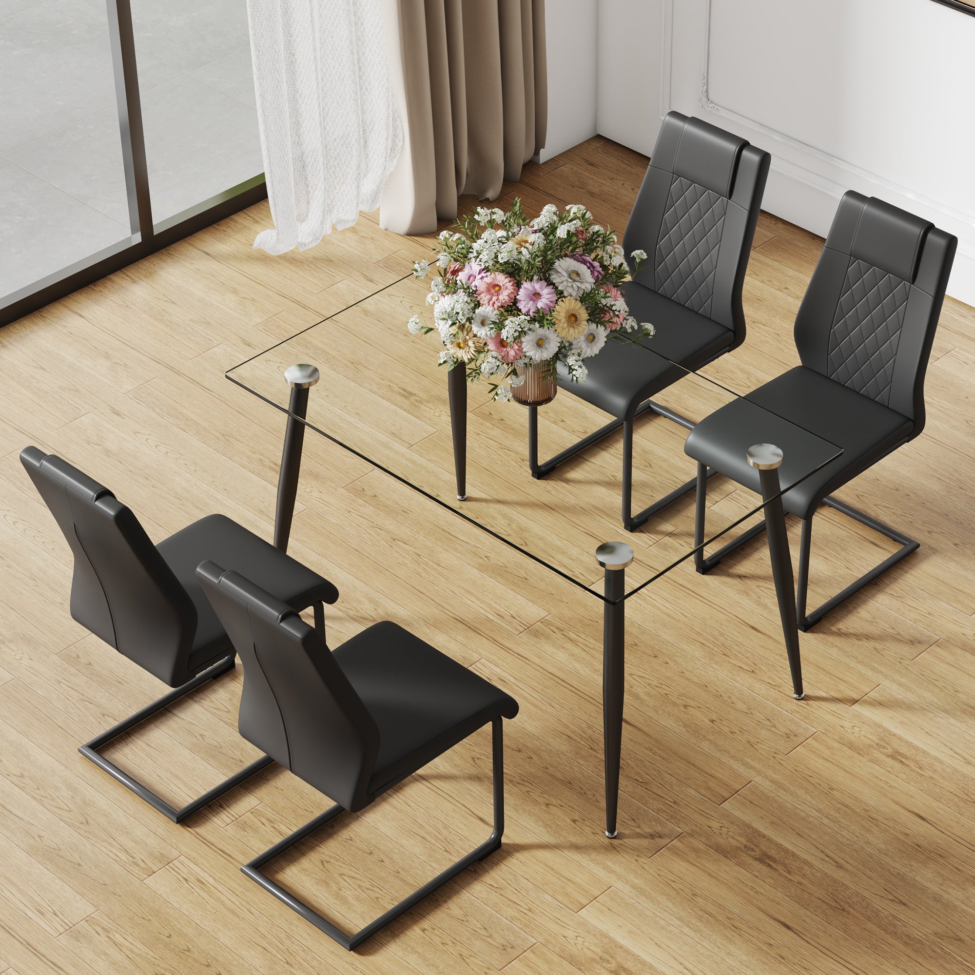 Table and chair set. 1 table and 4 chairs. Glass dining table, 0.31 "tempered glass tabletop and black metal legs. Black armless dining chair F-1544 C-001
