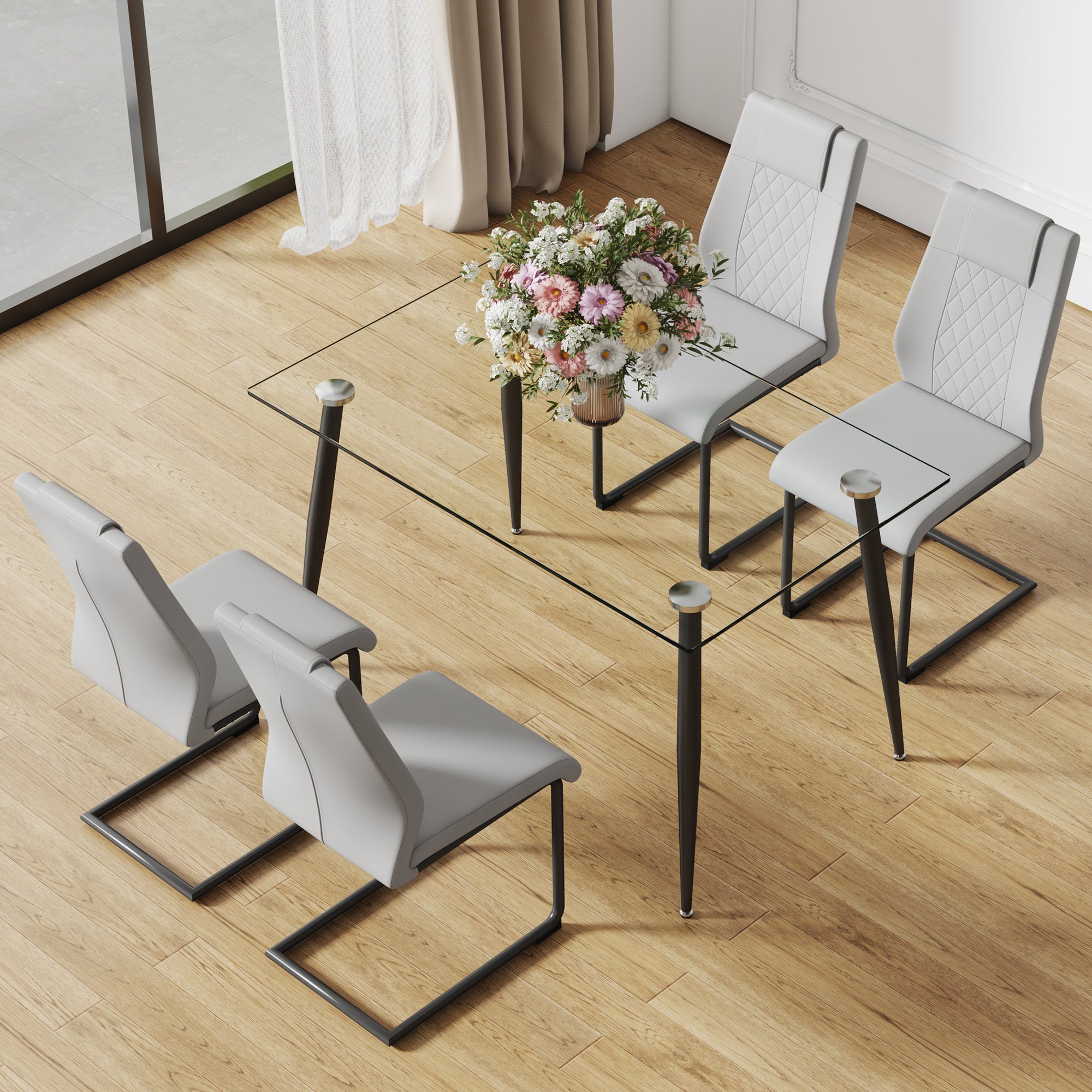 Table and chair set. 1 table and 4 chairs. Glass dining table, 0.31 "tempered glass tabletop and black metal legs. Light gray dining chair without armrests F-1544 C-001