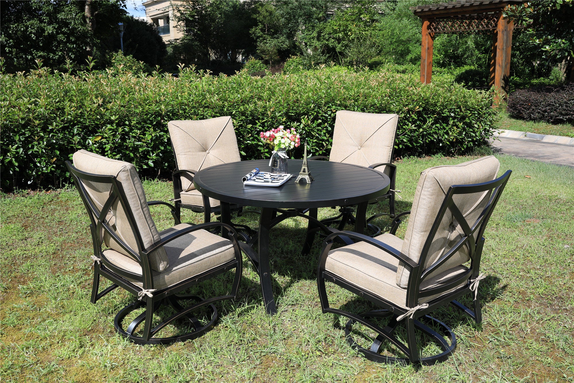 5-Piece Dining Set, 48" Round Dining Table Aluminum Frame