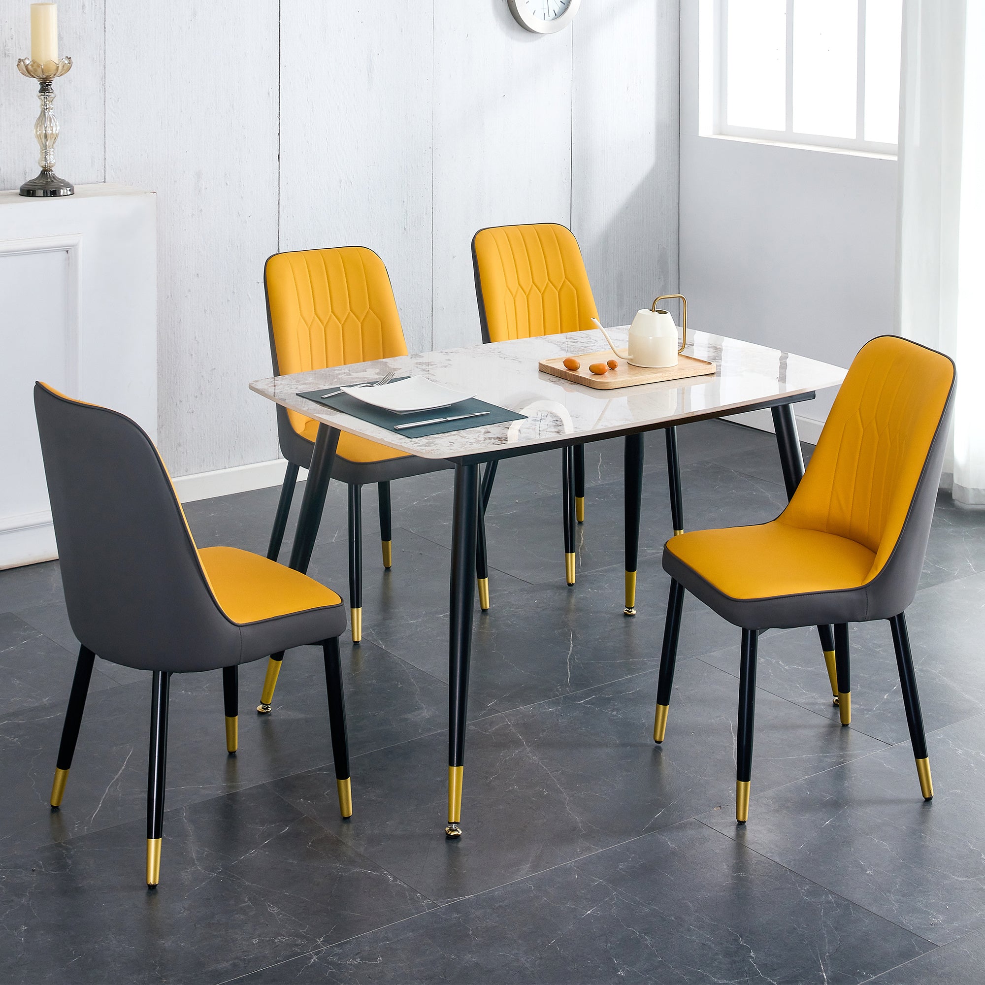 Table and chair set. patterned sintered stone tabletop with black metal legs. Orange-yellow and gray dual color PU backrest cushion and black metal leg chair.1 table and 4 chair.001 007