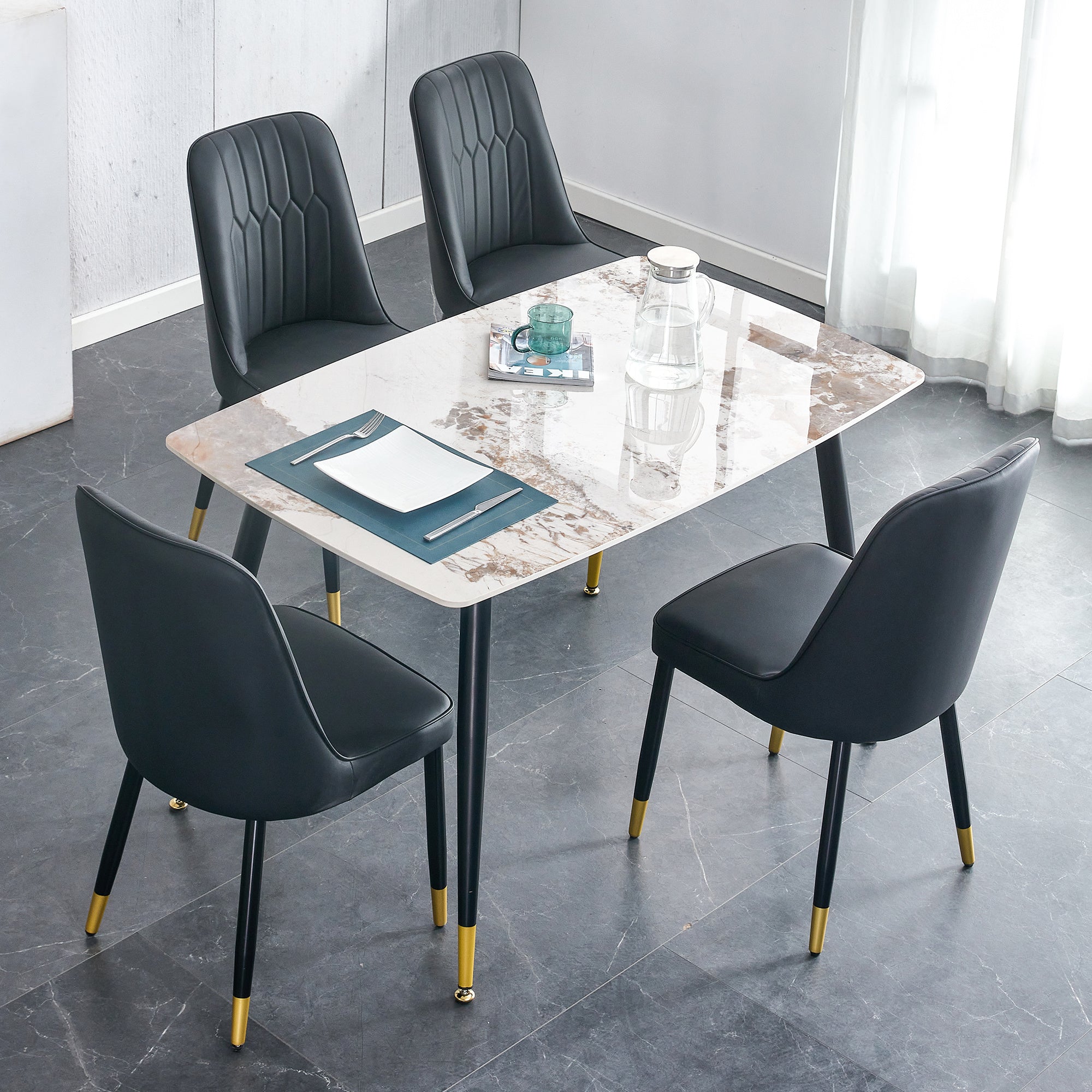 Table and chair set. patterned stone burning tabletop with black metal legs. The chair with black PU artificial leather backrest cushion and black metal legs. 1 table and 4 chairs. 001 007