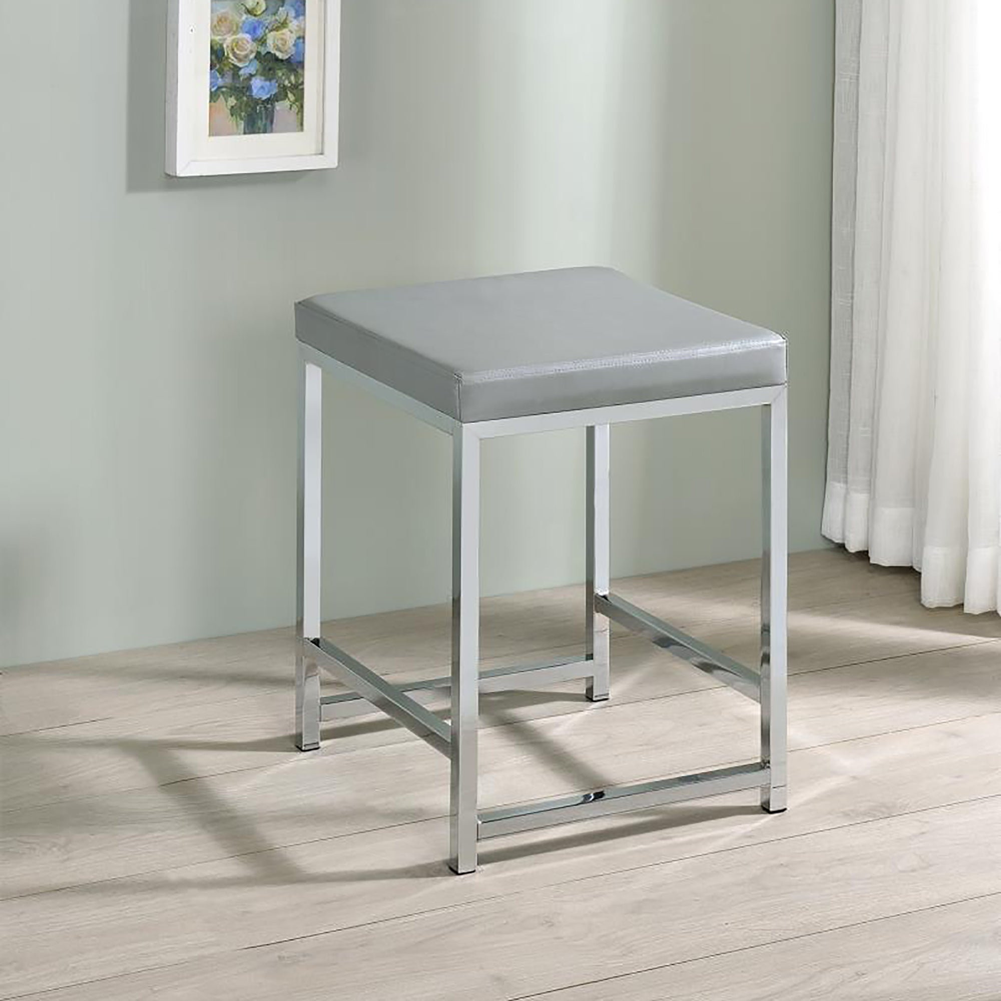 Light Grey Upholstered Square Vanity Stool