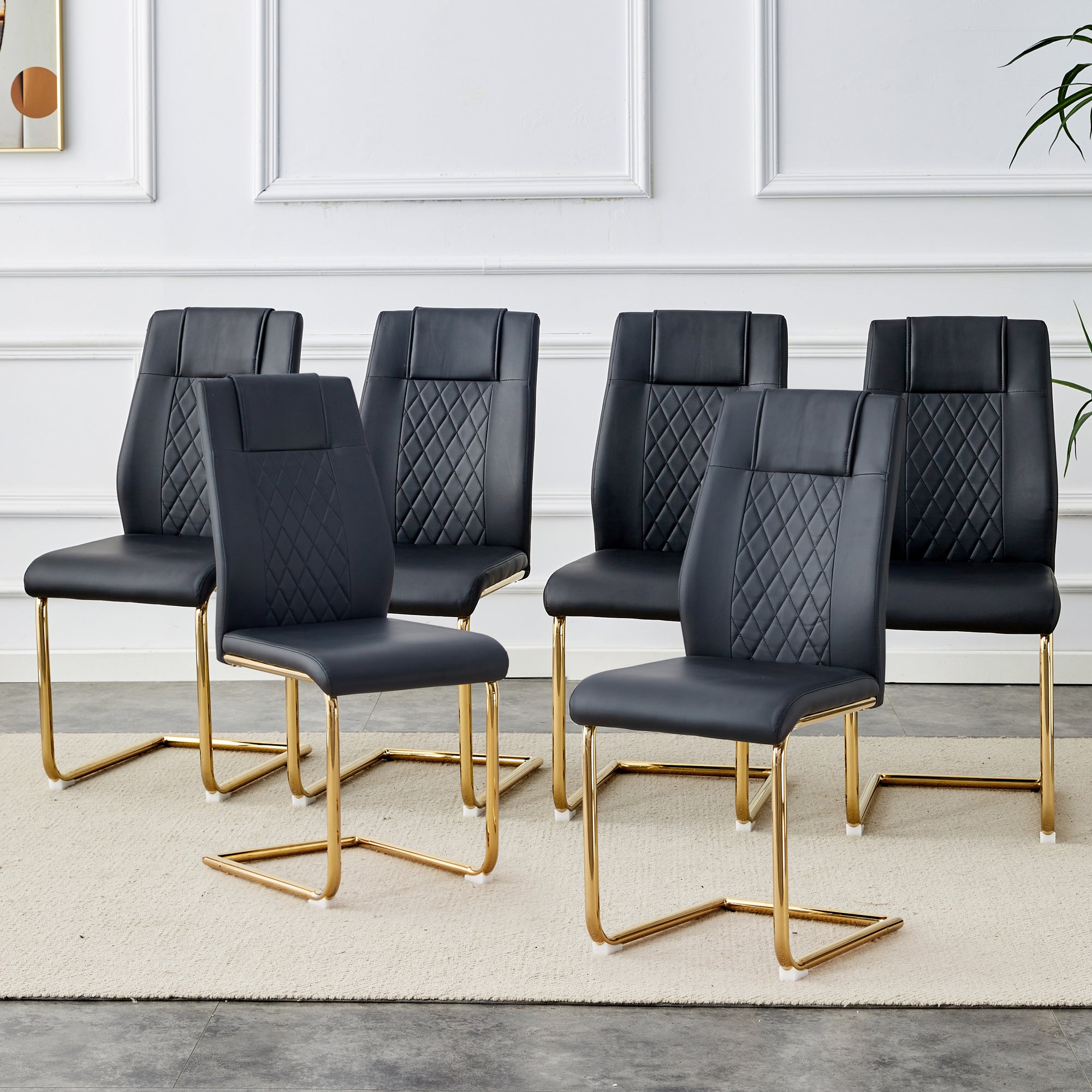 Modern dining chairs with faux leather padded seats, dining room chairs, gold metal leg upholstered chairs, suitable for kitchens, living rooms, bedrooms, and offices, set of 6 (black+PU leather)C-001