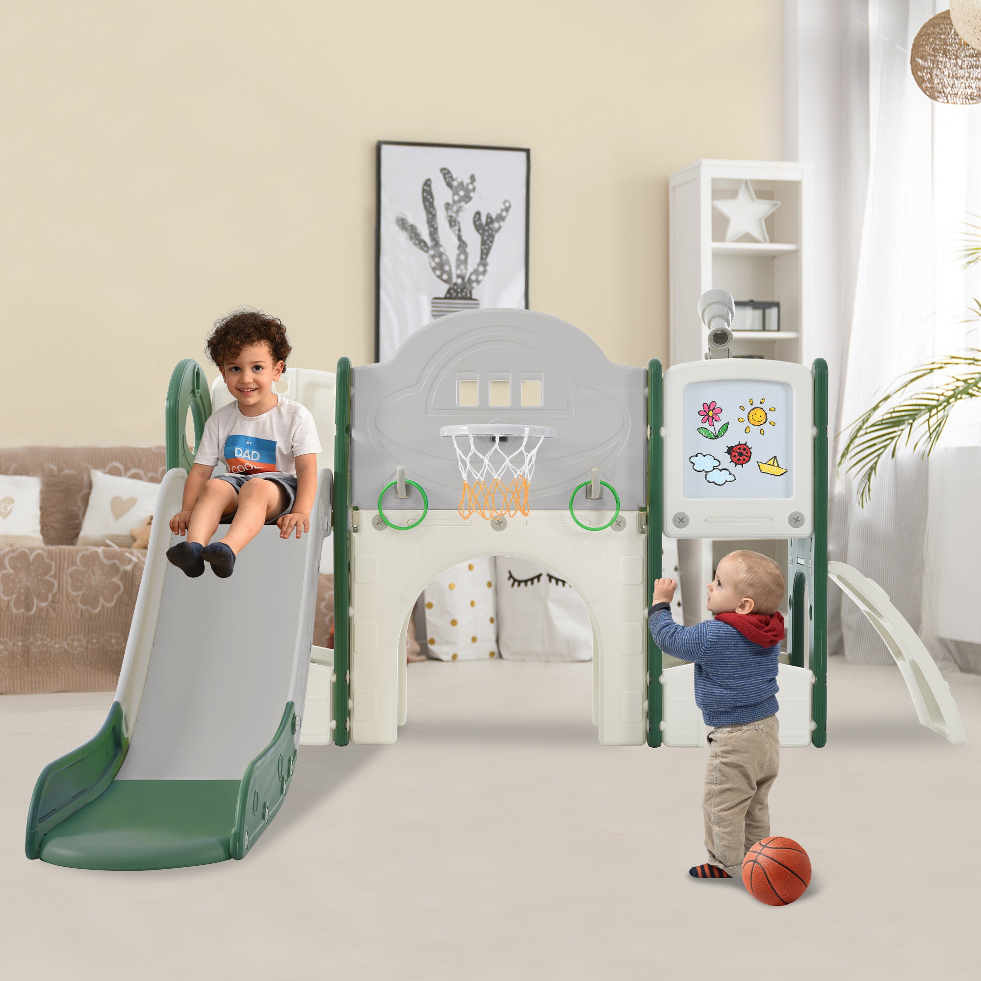Kids Slide Playset Structure 9 in 1, Freestanding Spaceship Set with Slide, Arch Tunnel, Ring Toss, Drawing Whiteboardl and Basketball Hoop for Toddle