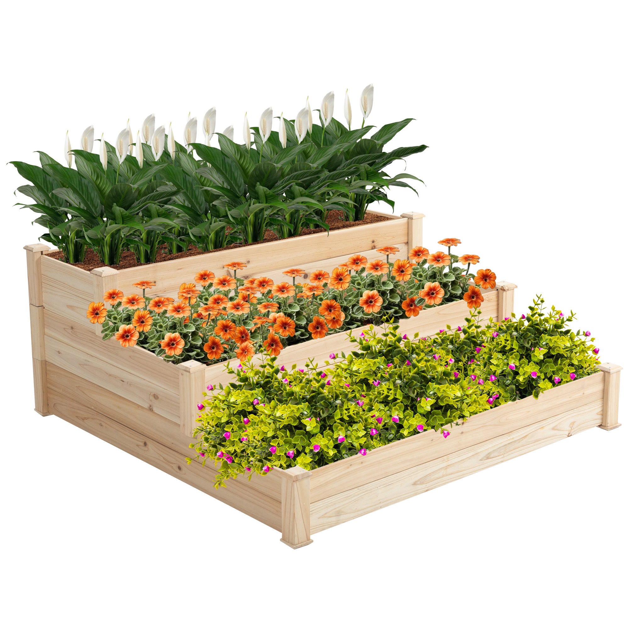 48.6 x 48.6 x 21in Raised Garden Bed Horticulture Outdoor Elevated Flower Box Tiered Garden Bed Wooden Vegetables Growing Planter for Backyard/Patio/Gardener Natural