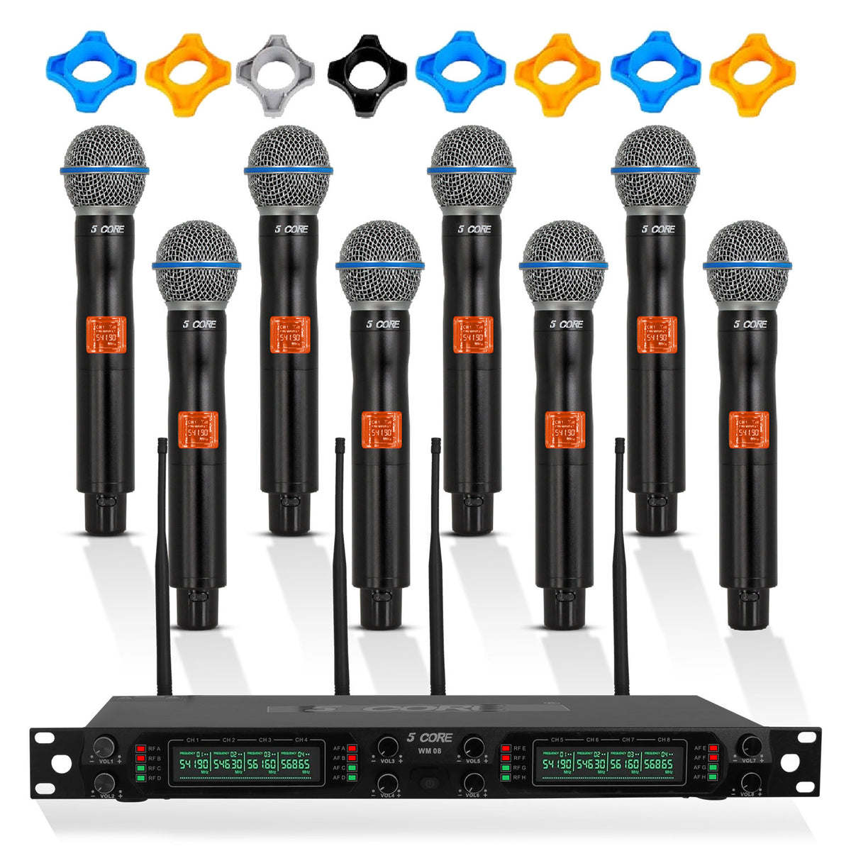 5 Core Wireless Microphone System • 4/6/8 Channel UHF Portable Receiver w Cordless Handheld Dynamic Mics • 492F Range • Selectable Fixed Frequency • Antenna • LCD Display - WM UHF