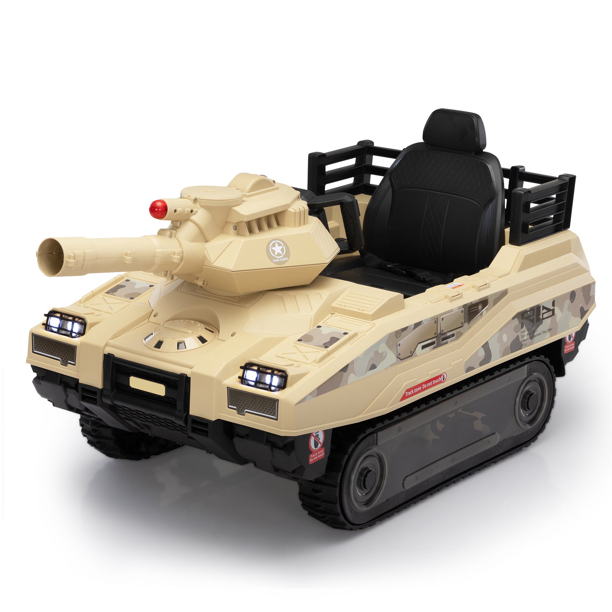 Ride On Tank 24V Thunder Tank Car with Fighting Cannon and Rotating Turret, Remote Control, Lights, Music, Military Battery Powered Truck Toy Gift for
