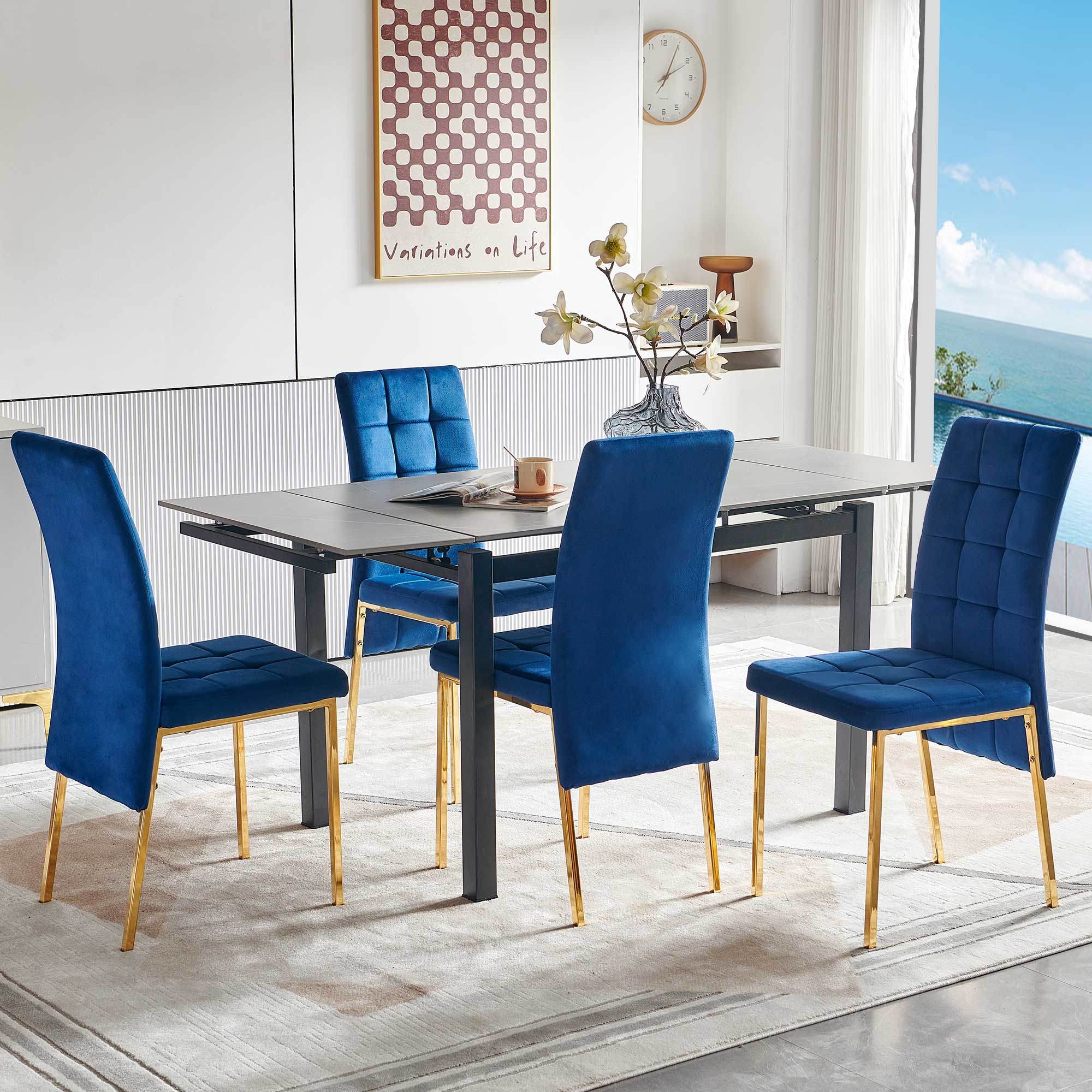 5-Piece Slate Dining Table Dining Set Including Blue Velvet High Back Golden Color Legs for Living Room,Dining Room,Kitchen