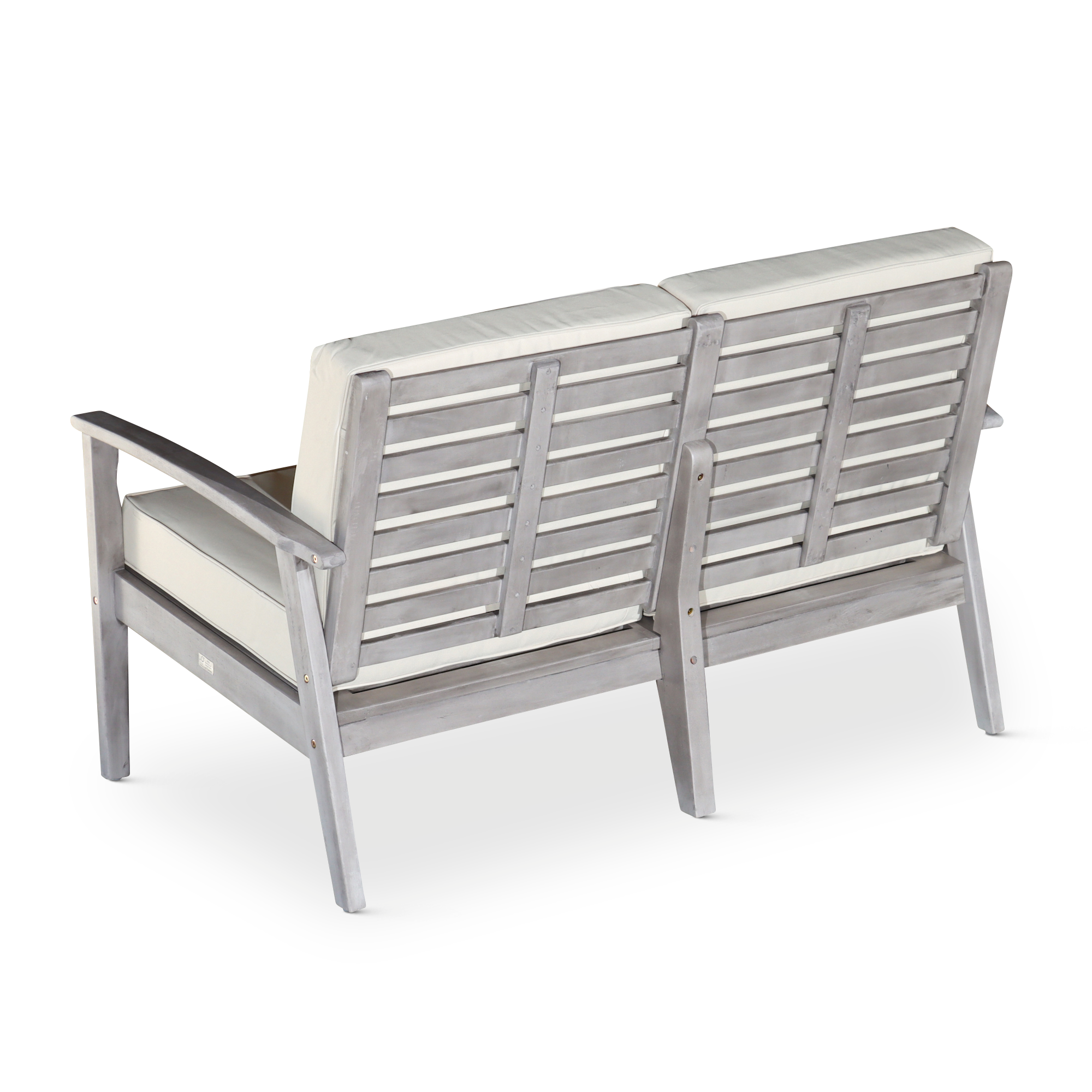 Eucalyptus Loveseat with Cushions, Silver Gray Finish, Sand Cushions