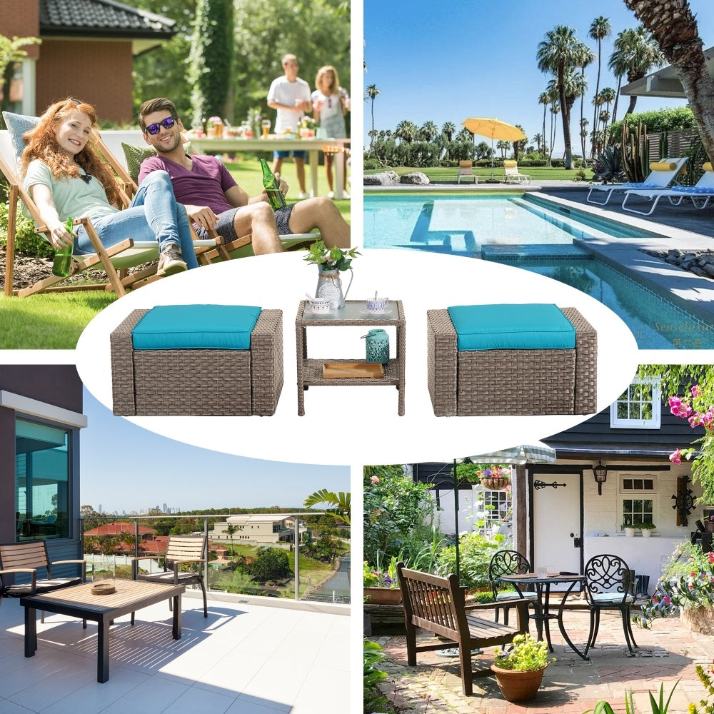 Pool Patio Garden Square PE Rattan Wicker Brown Outdoor Ottoman Foot Stool With Coffee Table Cushions