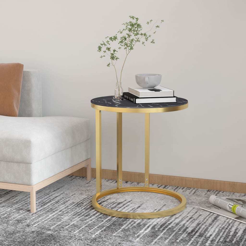 Side Table Gold and Black Marble 17.7" Tempered Glass