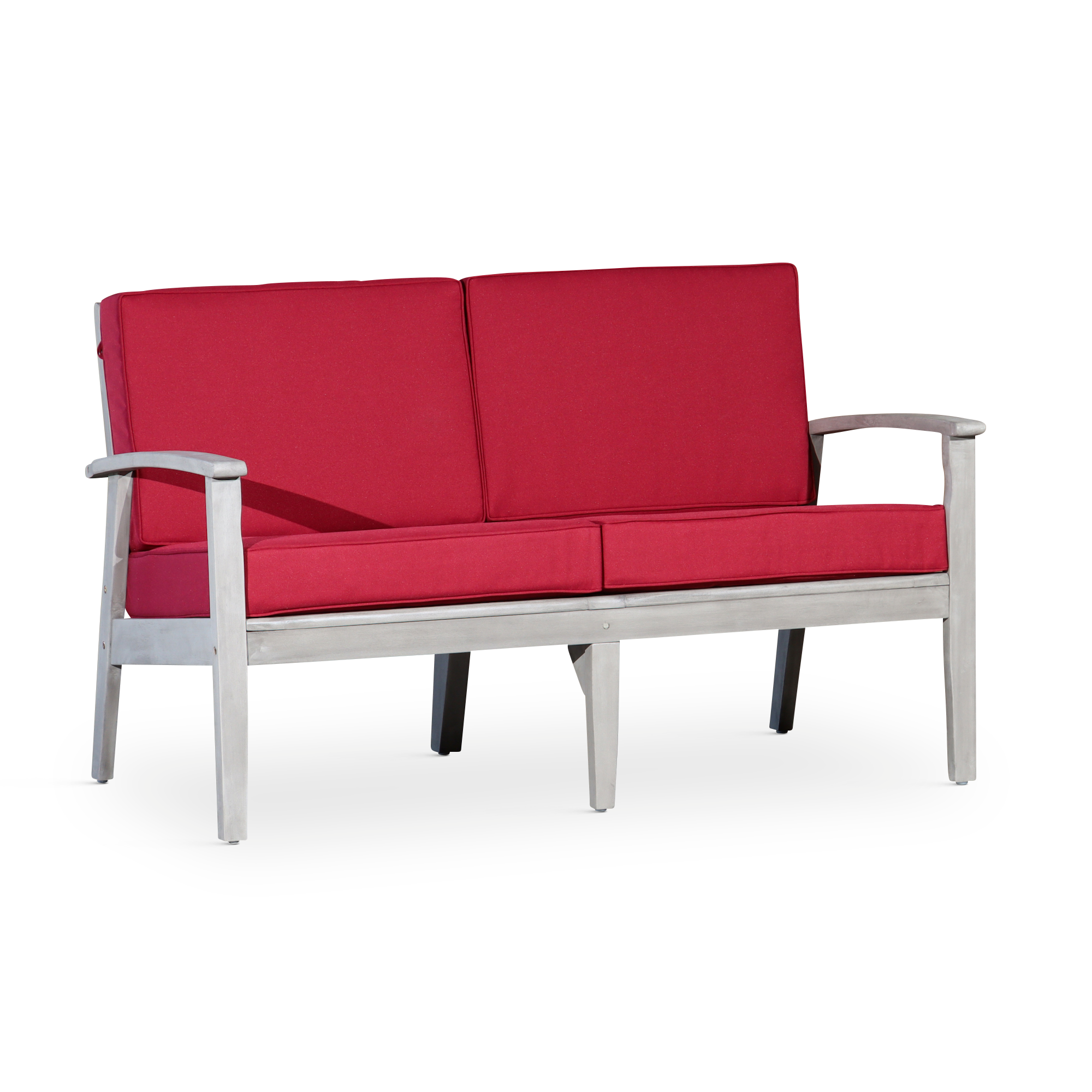 Eucalyptus Loveseat with Cushions, Silver Gray Finish, Burgundy Cushions