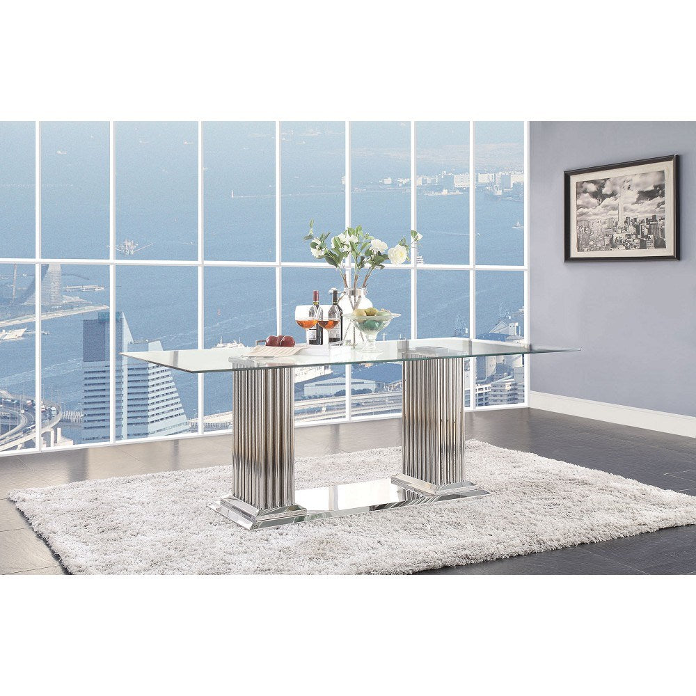 ACME Cyrene Dining Table in Stainless Steel & Clear Glass 62075