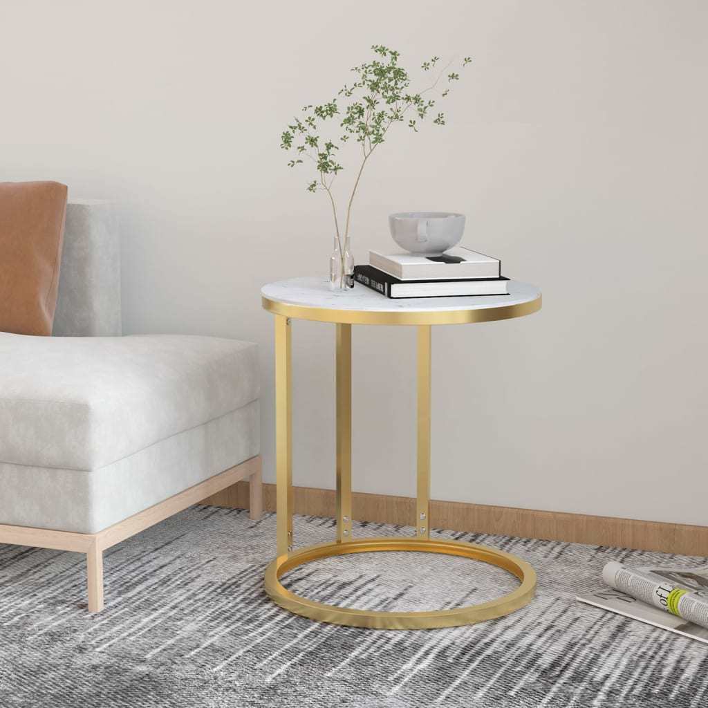Side Table Gold and White Marble 17.7" Tempered Glass